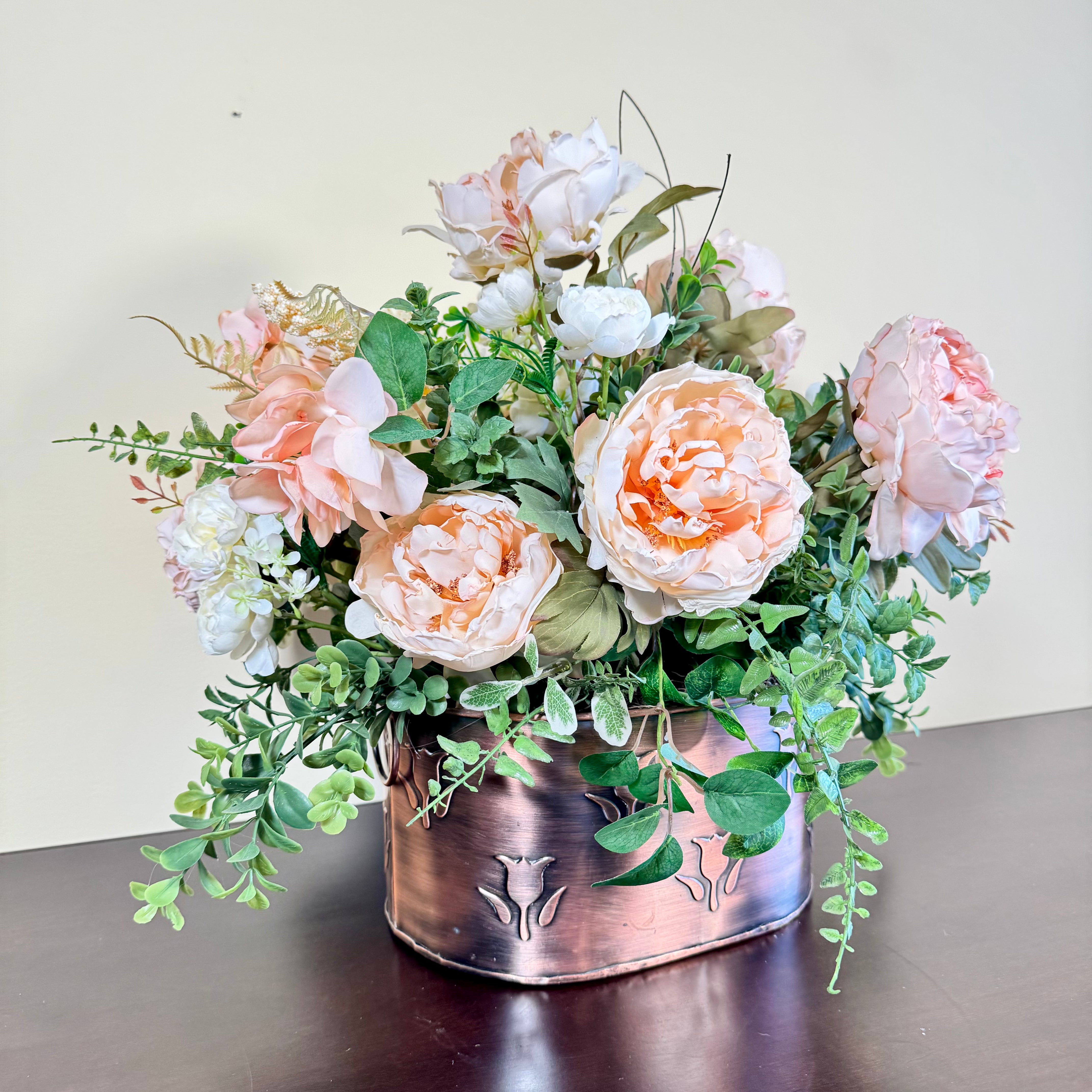 Peachy Pink Peony Floral Arrangement in Embossed Copper Container