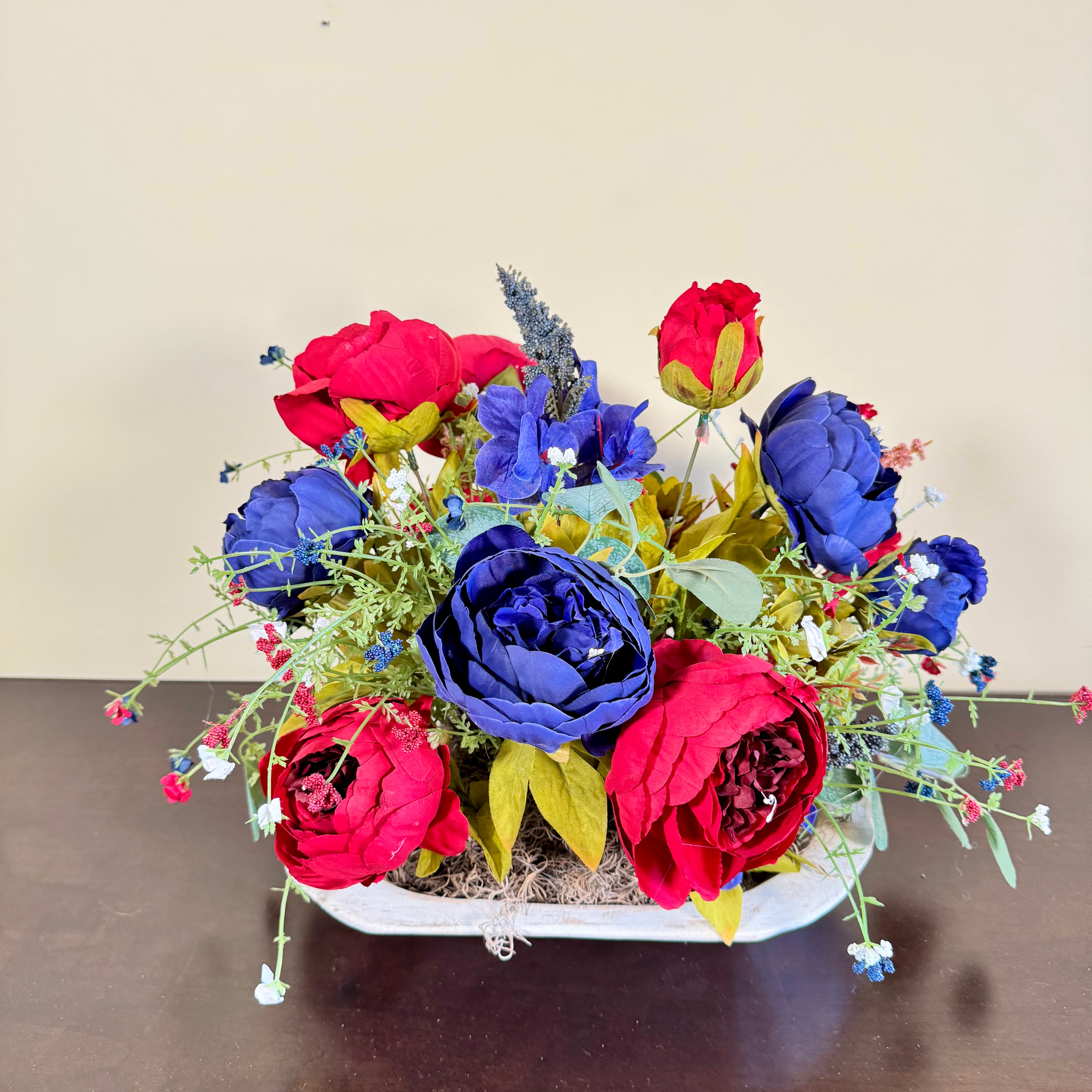 Patriotic Peony Floral Arrangement – Handmade Red & Blue Faux Flower Centerpiece, Rustic Farmhouse Decor in White Wooden Bowl