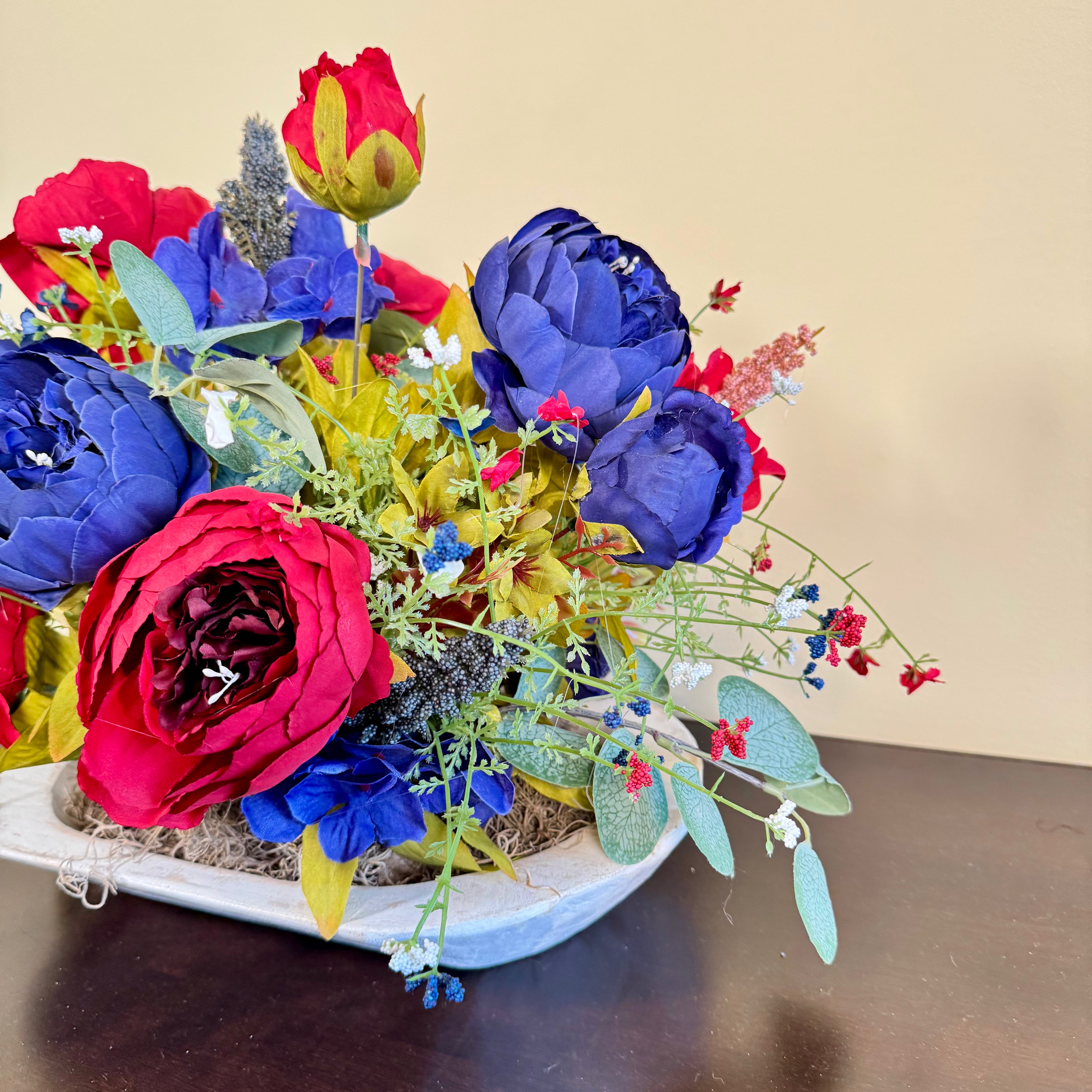 Patriotic Peony Floral Arrangement – Handmade Red & Blue Faux Flower Centerpiece, Rustic Farmhouse Decor in White Wooden Bowl