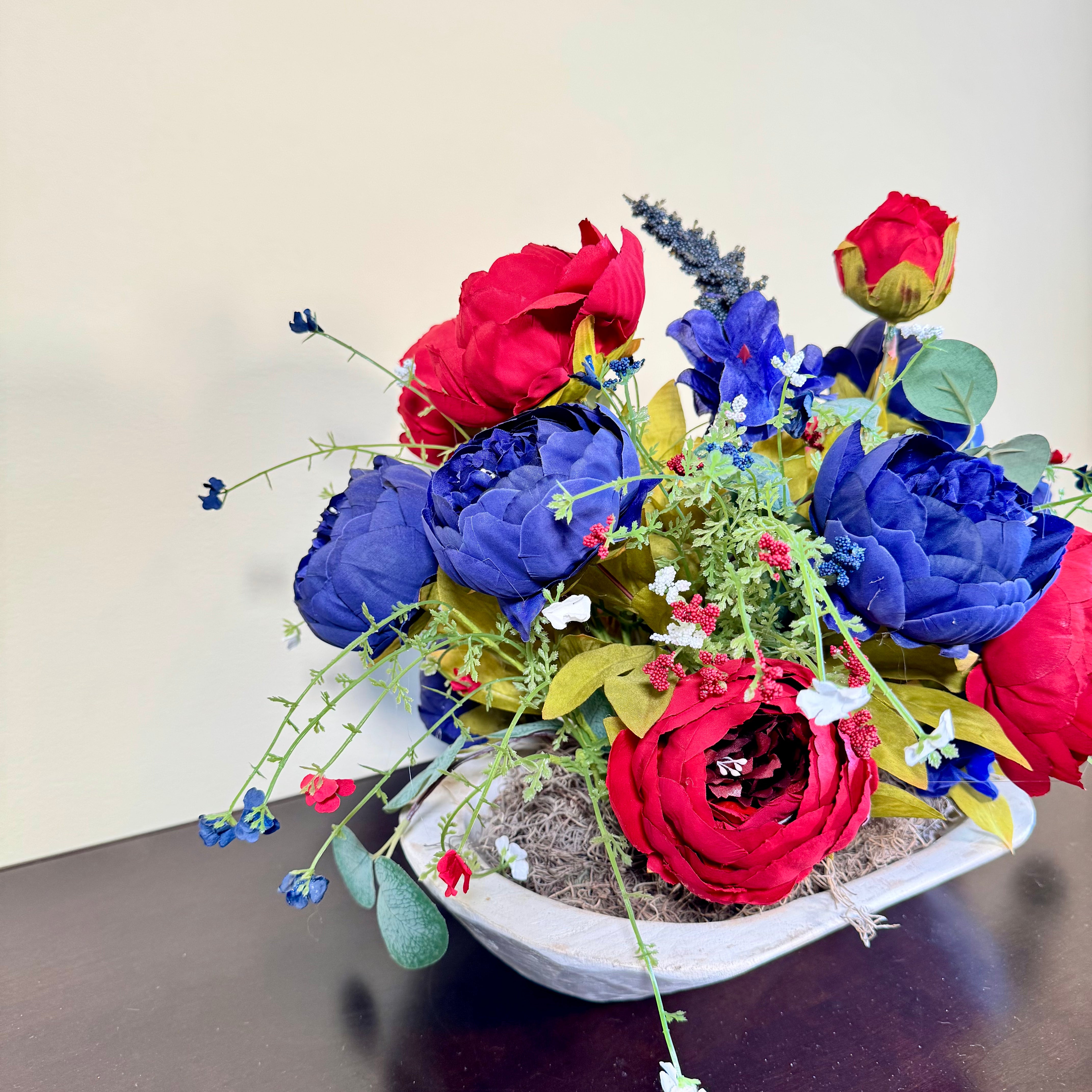 Patriotic Peony Floral Arrangement – Handmade Red & Blue Faux Flower Centerpiece, Rustic Farmhouse Decor in White Wooden Bowl