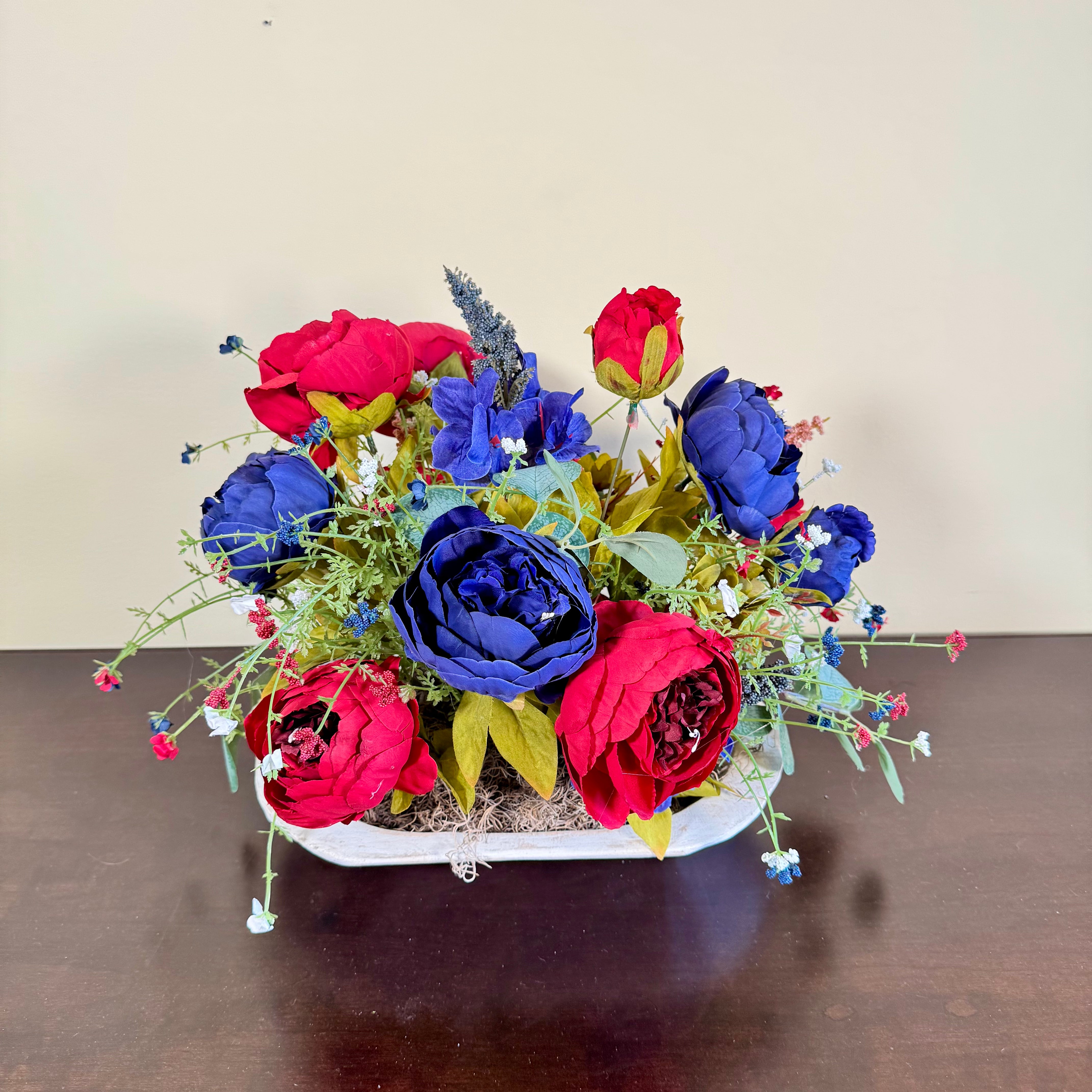 Patriotic Peony Floral Arrangement – Handmade Red & Blue Faux Flower Centerpiece, Rustic Farmhouse Decor in White Wooden Bowl