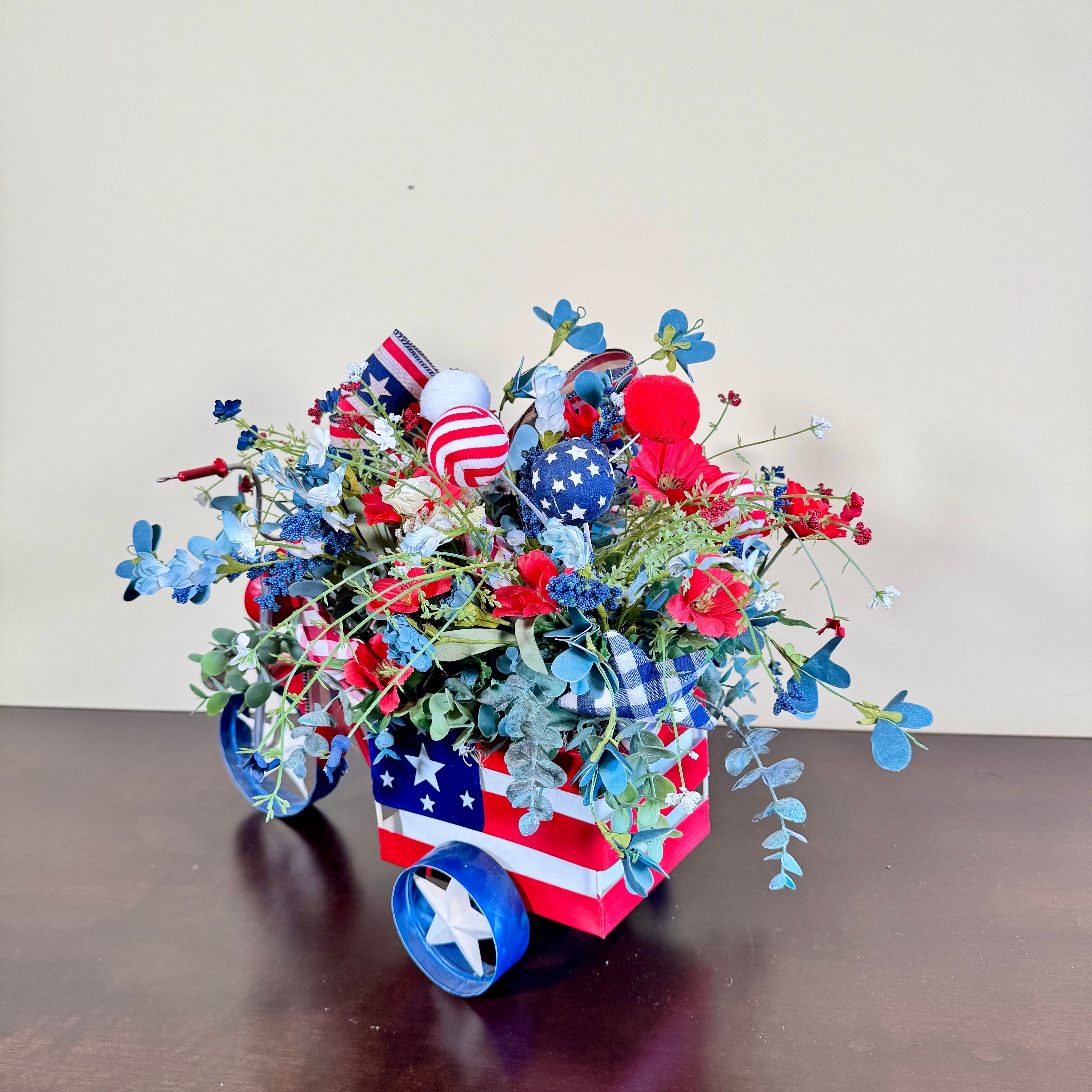 Patriotic Tricycle Floral Arrangement – Handmade Americana Centerpiece, Rustic Red, White & Blue 4th of July Decor with Star Ribbon