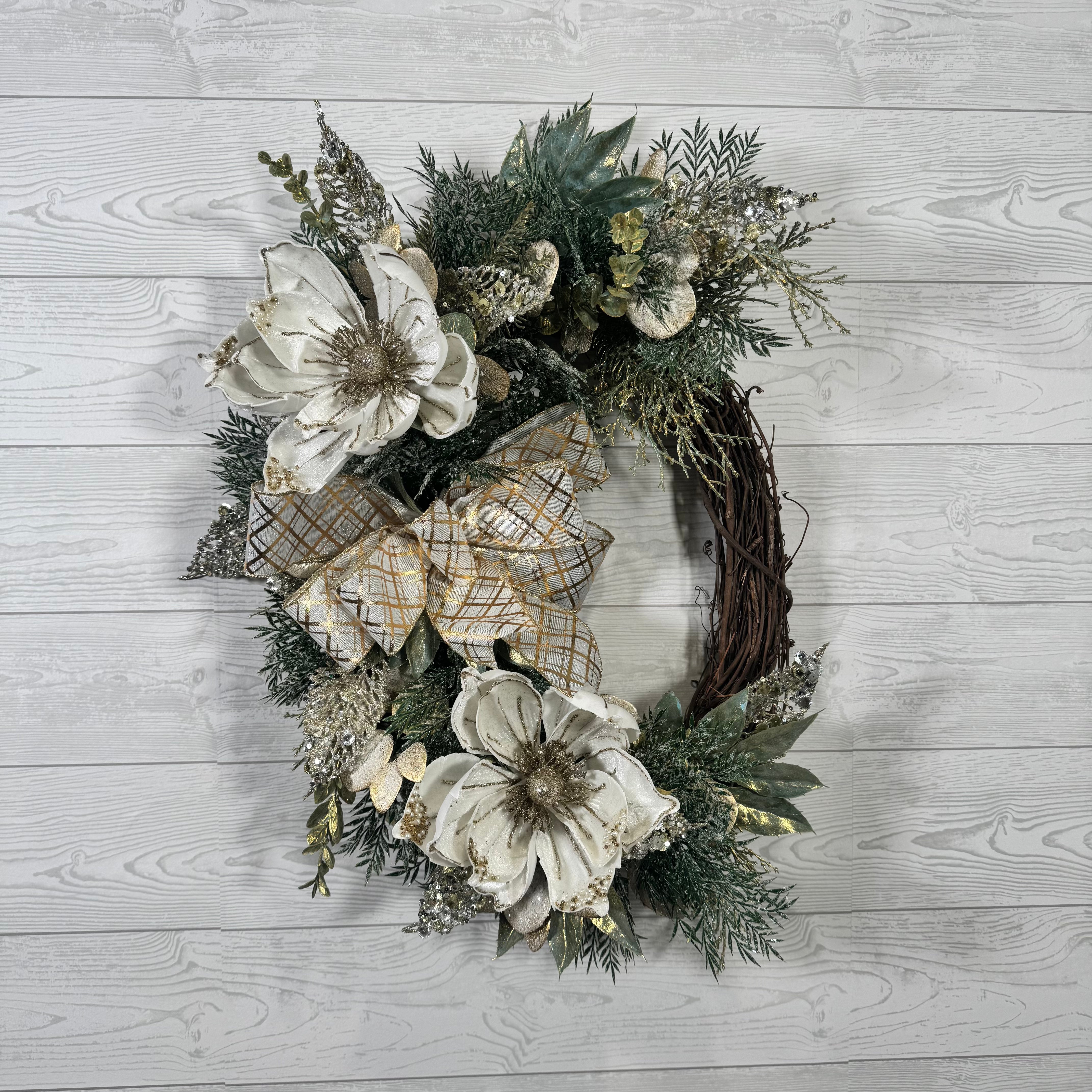 Elegant Winter Magnolia Wreath with Gold Accents, Glittered Foliage, and Ivory Holiday Florals