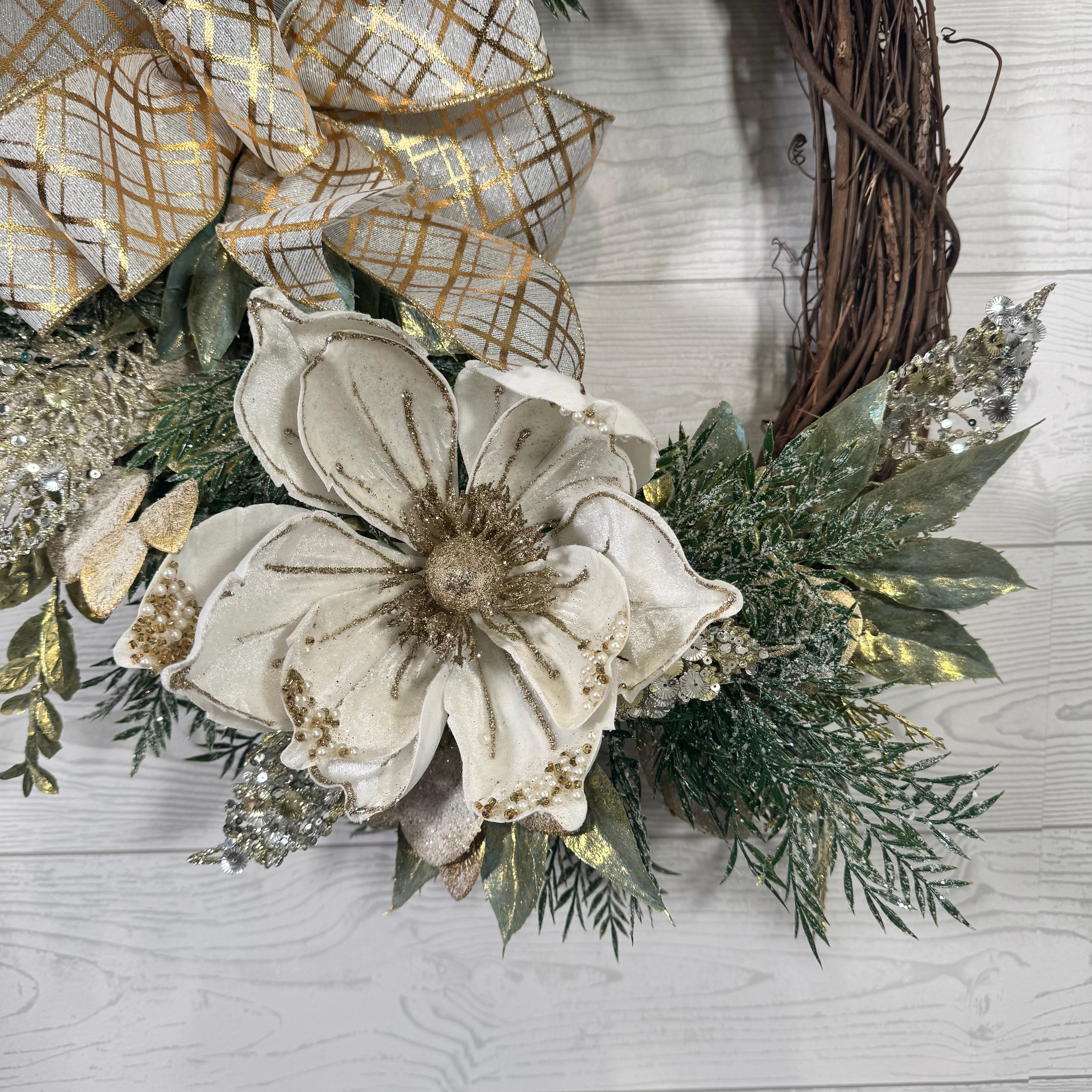 Elegant Winter Magnolia Wreath with Gold Accents, Glittered Foliage, and Ivory Holiday Florals
