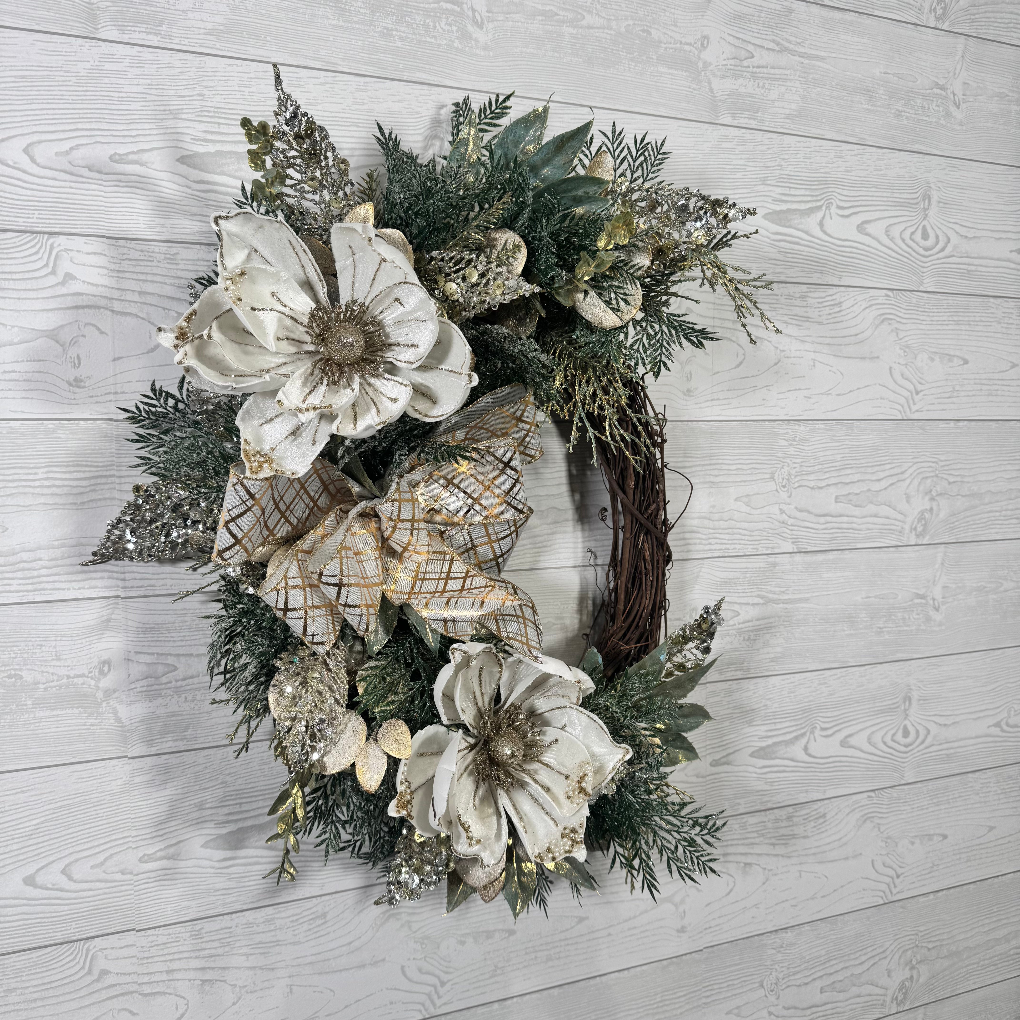 Elegant Winter Magnolia Wreath with Gold Accents, Glittered Foliage, and Ivory Holiday Florals