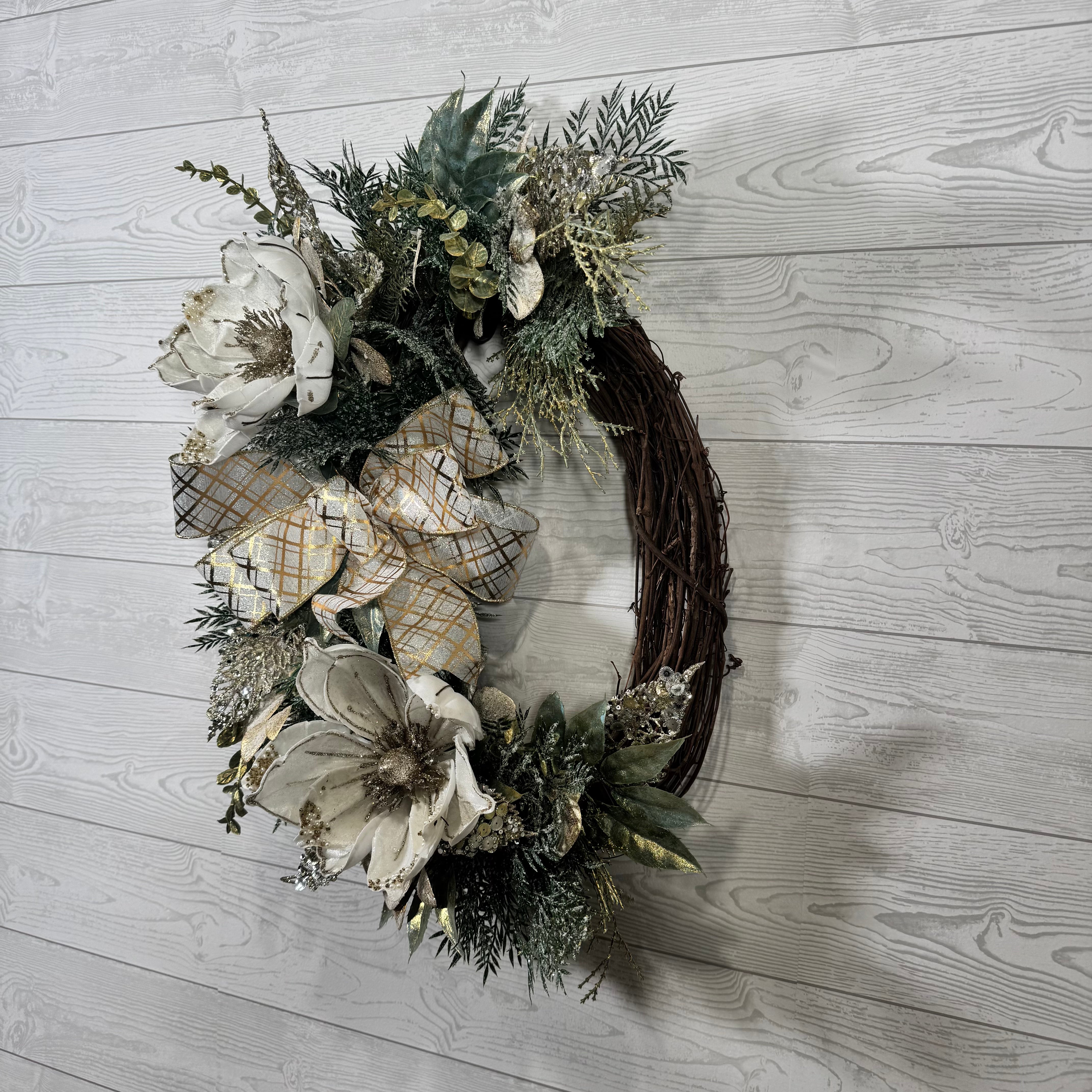 Elegant Winter Magnolia Wreath with Gold Accents, Glittered Foliage, and Ivory Holiday Florals