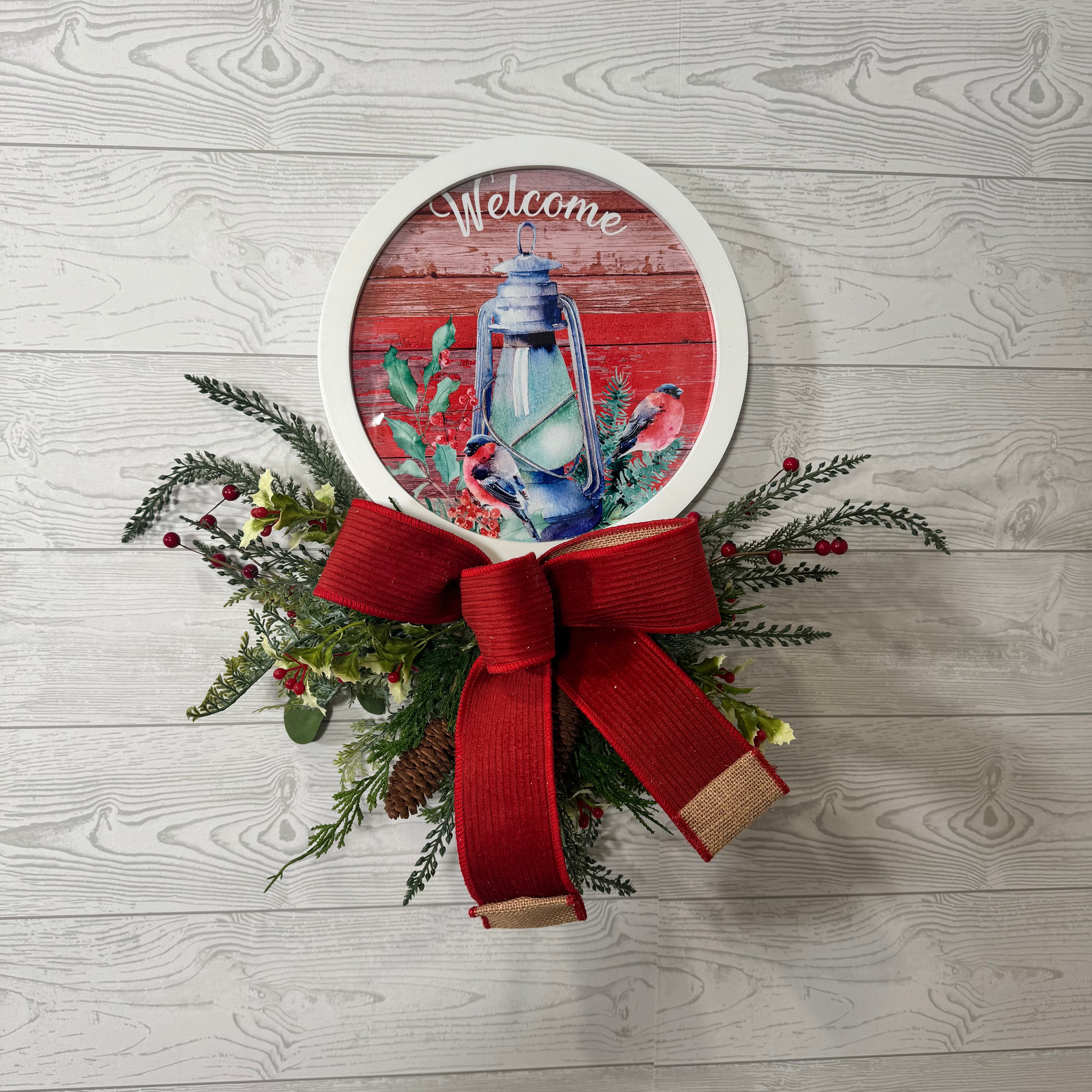 Red Lantern Welcome Wall Decor with Winter Greenery and Rustic Bow, Cardinal Christmas Accent Piece