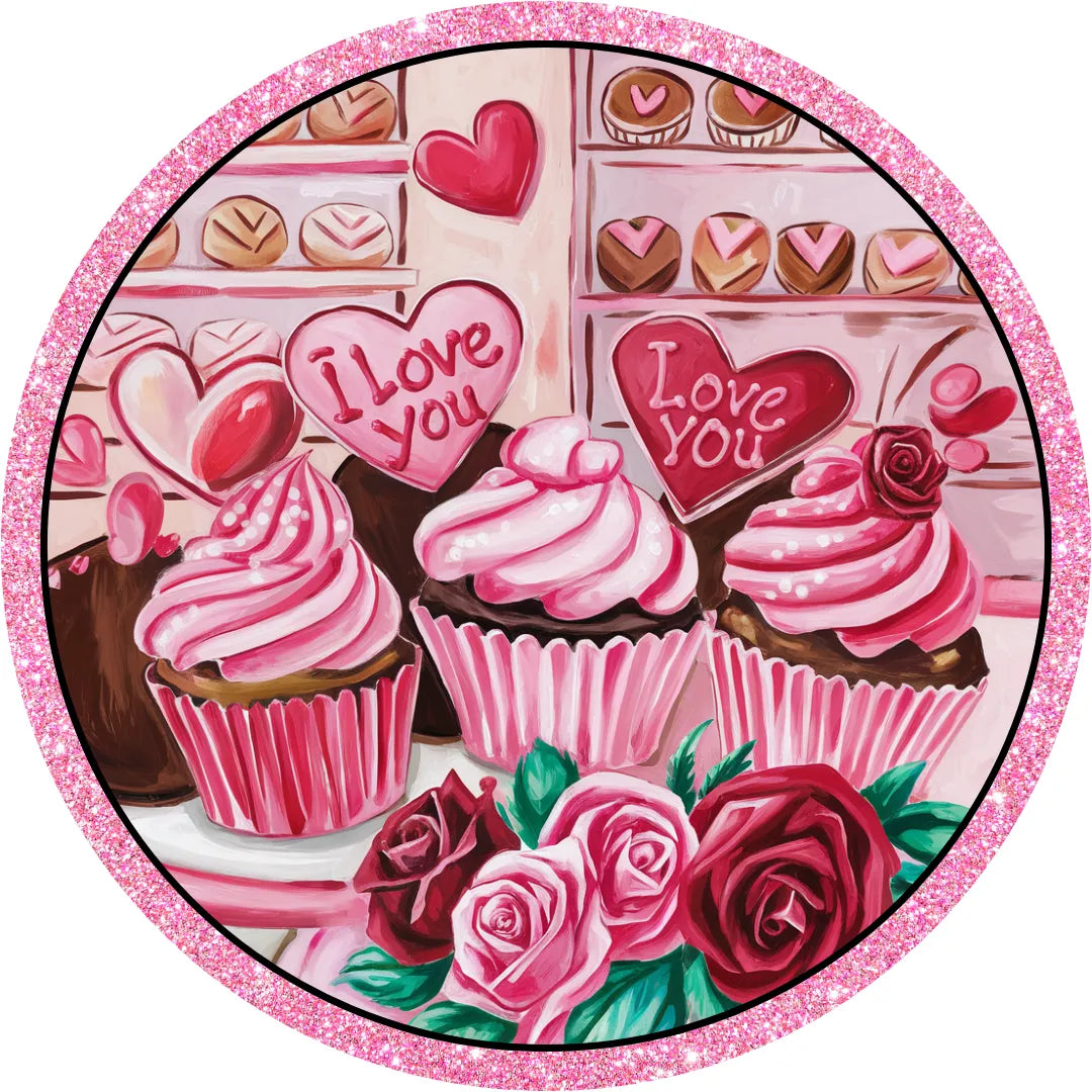 Valentine’s Day Cupcake Wall Art, Pink Glitter Bakery Decor, I Love You Heart Cupcakes Sign, Romantic Kitchen Accent, Sweet Valentine Decor
