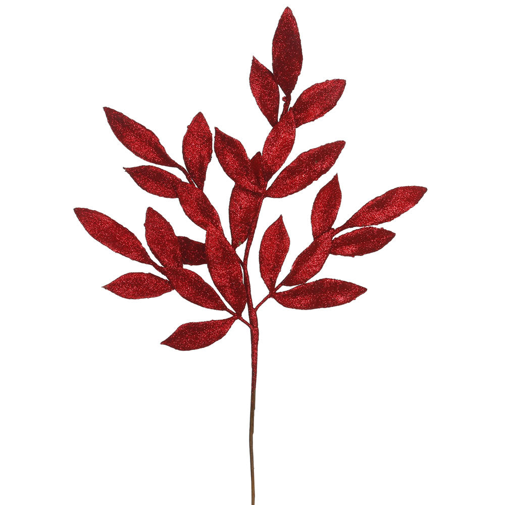 22" Red Glitter Bay Leaf Spray - Artificial Christmas Spray - L152903