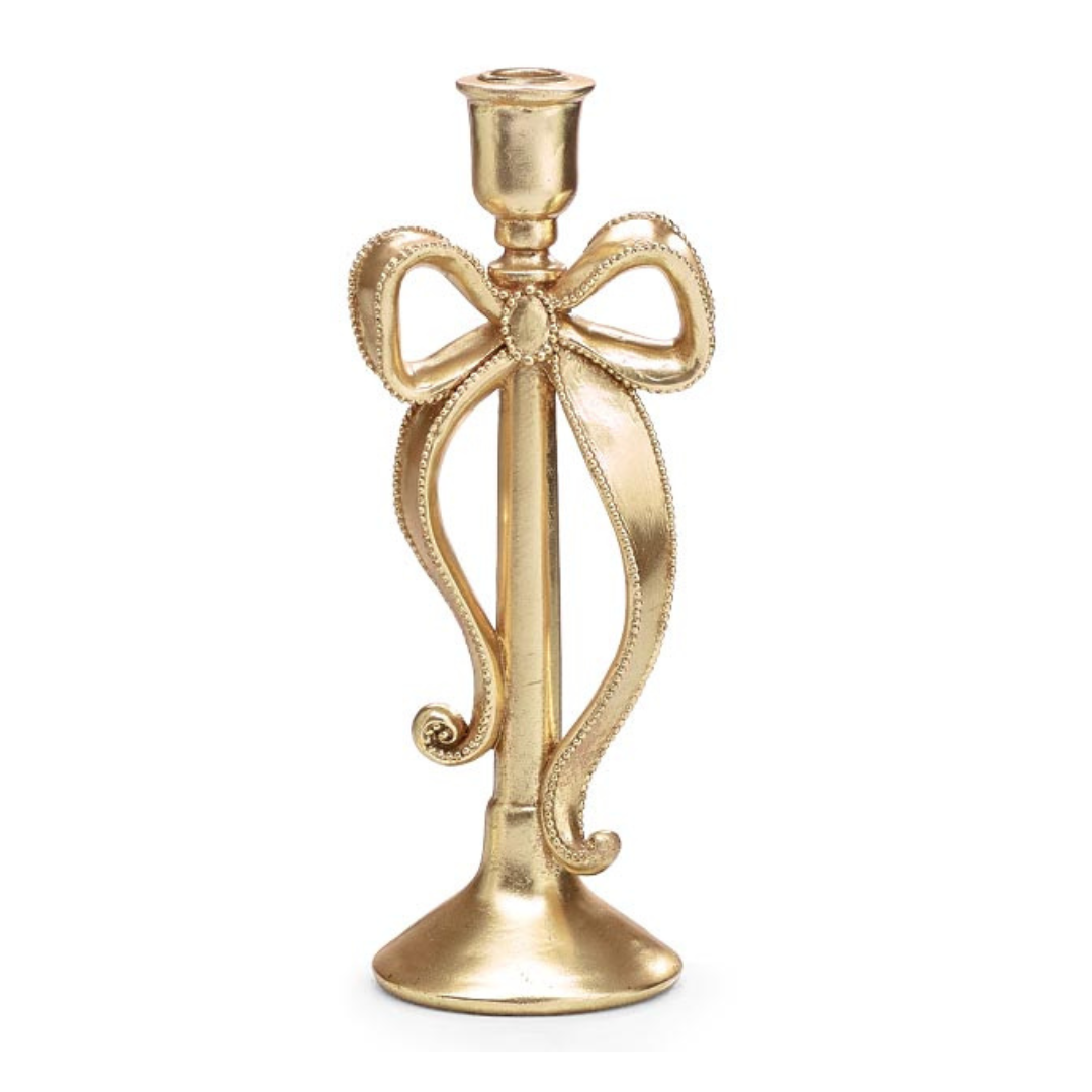 Gold Bow Taper Candle Holder Large, 11.75 Inch Statement Candle Stick, Vintage Glam Decor, Elegant Gold Accent