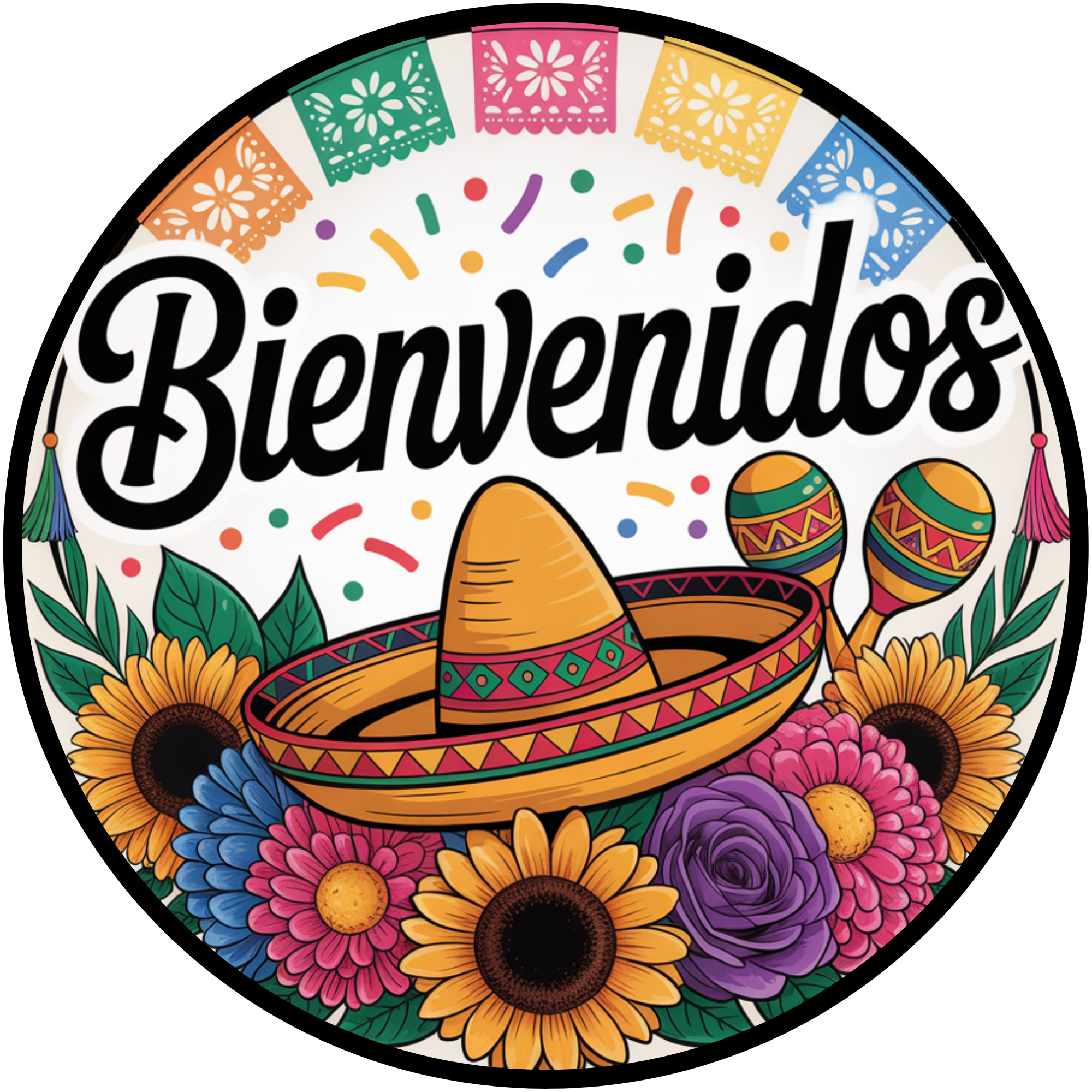 Bienvenidos Fiesta Sign, Mexican Welcome Door Sign, Round Metal Sign with Sombrero & Flowers, Colorful Hispanic Home Decor