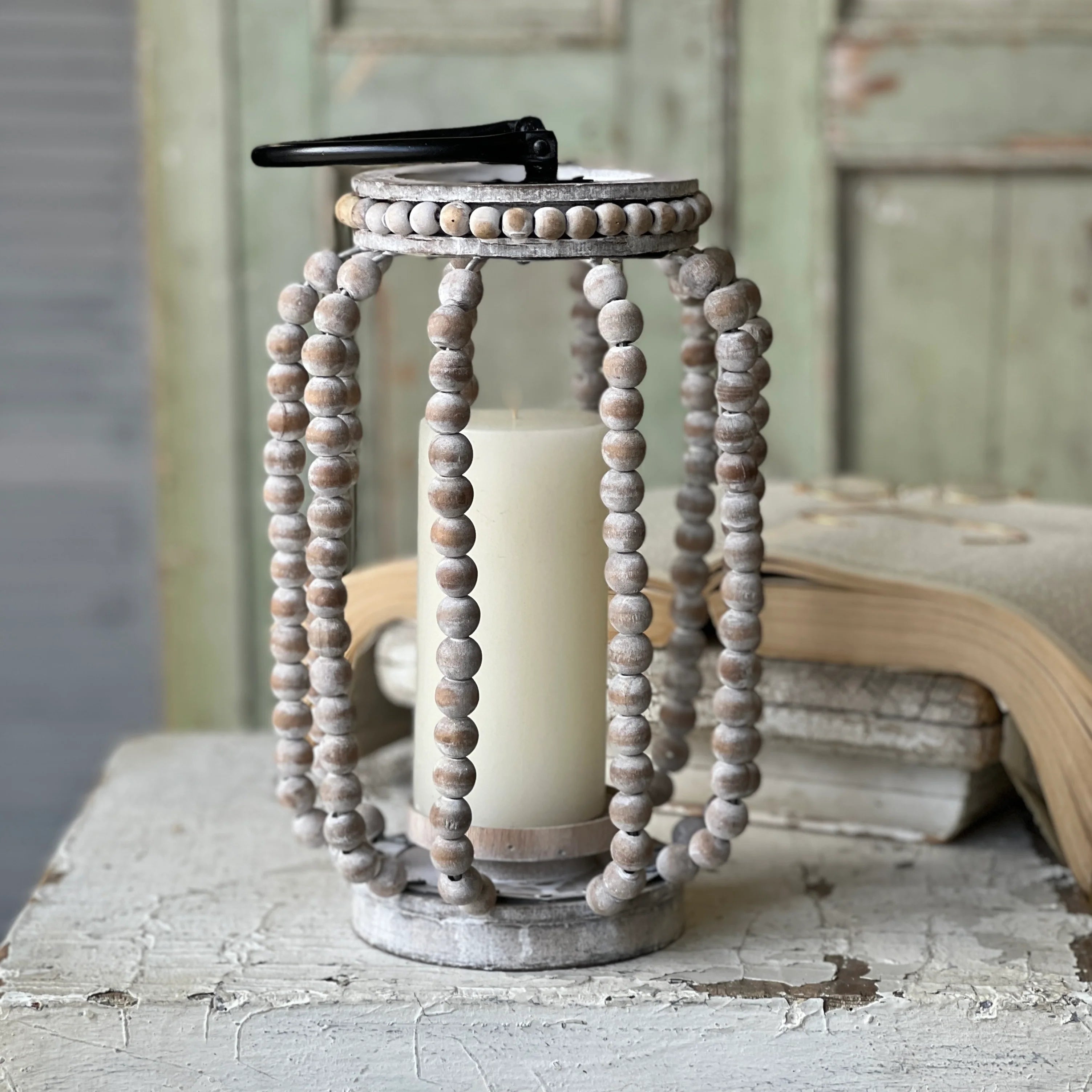 12.5" Rustic Beaded Lantern Decor, Farmhouse Wood Bead Candle Holder, Vintage Cottage Style Accent