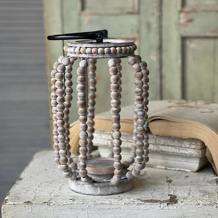 12.5" Rustic Beaded Lantern Decor, Farmhouse Wood Bead Candle Holder, Vintage Cottage Style Accent