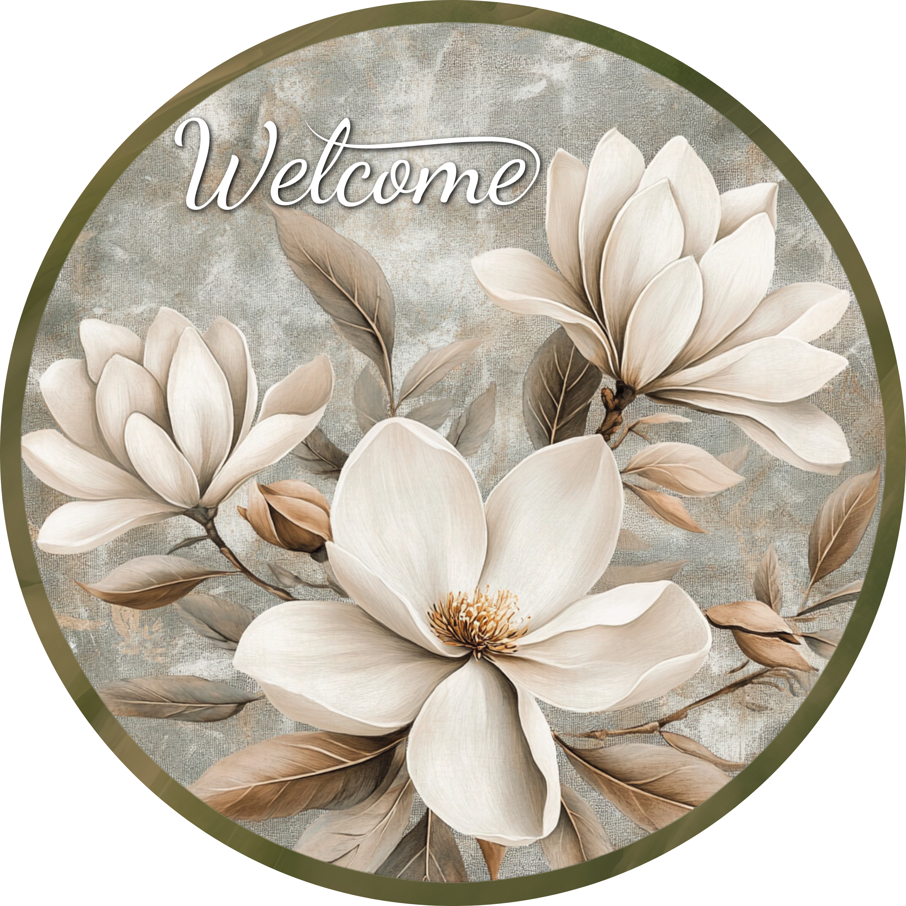 Letrero metálico de bienvenida con diseño de magnolia, corona floral neutra, sublimado con flores color crema, elegante decoración rústica para puerta.