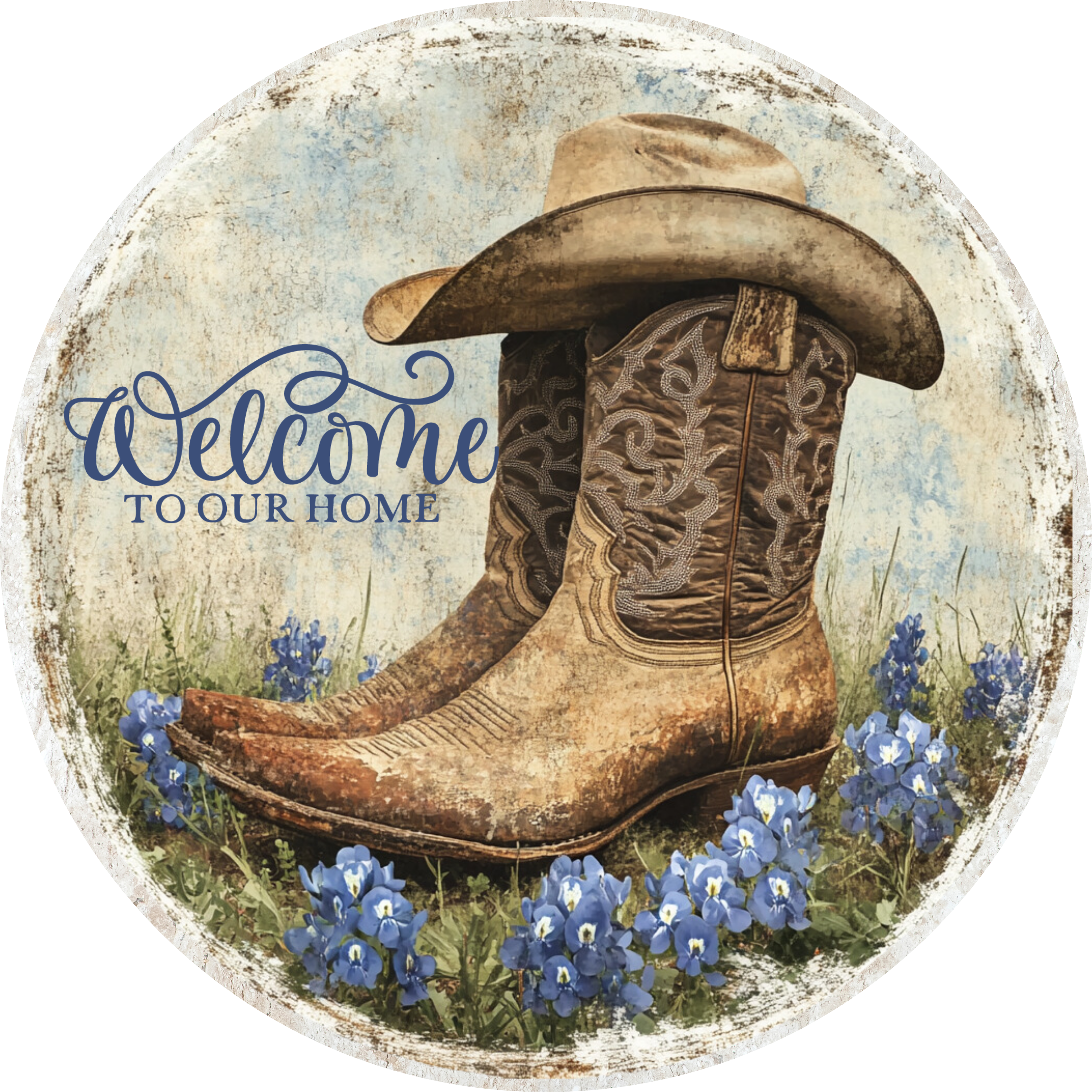 Western Welcome Sign with Cowboy Boots and Hat, Rustic Metal Wreath Sign with Bluebonnets, Country Door Decor for Farmhouse or Ranch Entry