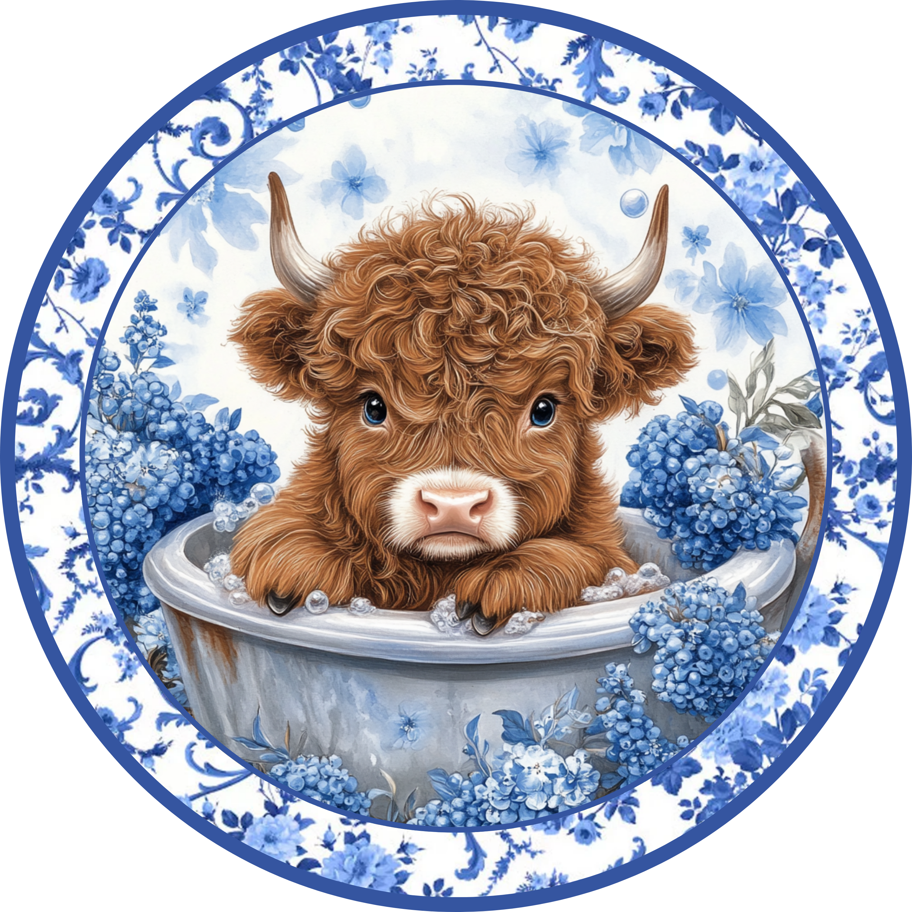 Highland Cow Metal Wreath Sign with Blue Florals, Baby Cow in Tub Welcome Sign, Farmhouse Bathtime Door Decor for Spring and Summer Wreaths