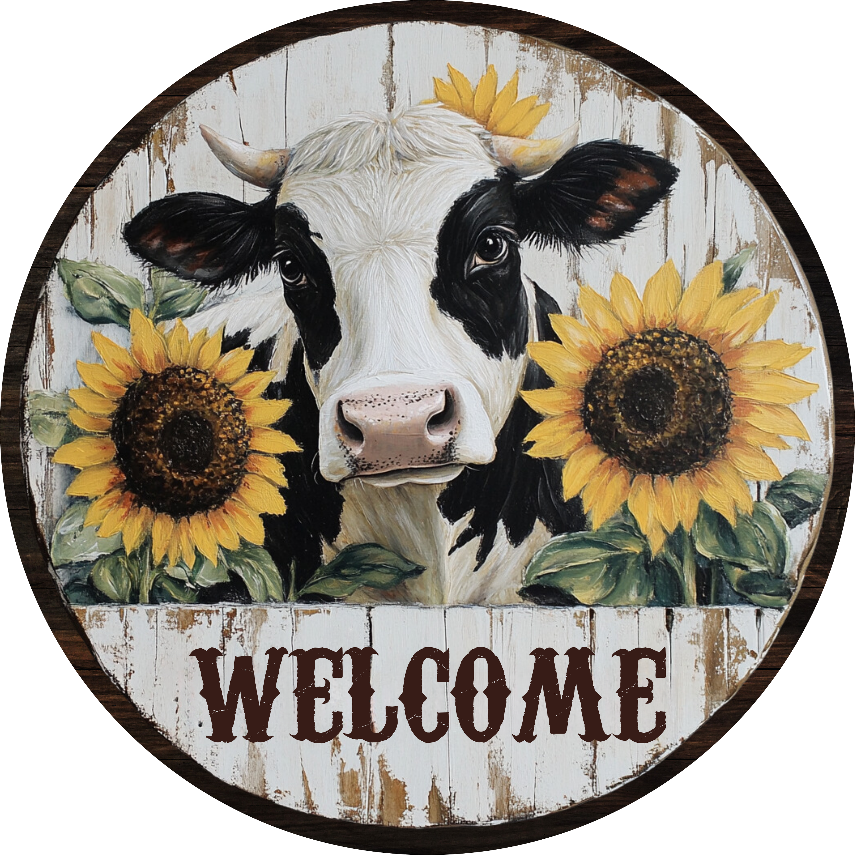 Cow and Sunflower Welcome Sign, Rustic Metal Wreath Sign for Farmhouse Door Decor, Country Cow Wreath Attachment for Spring and Summer
