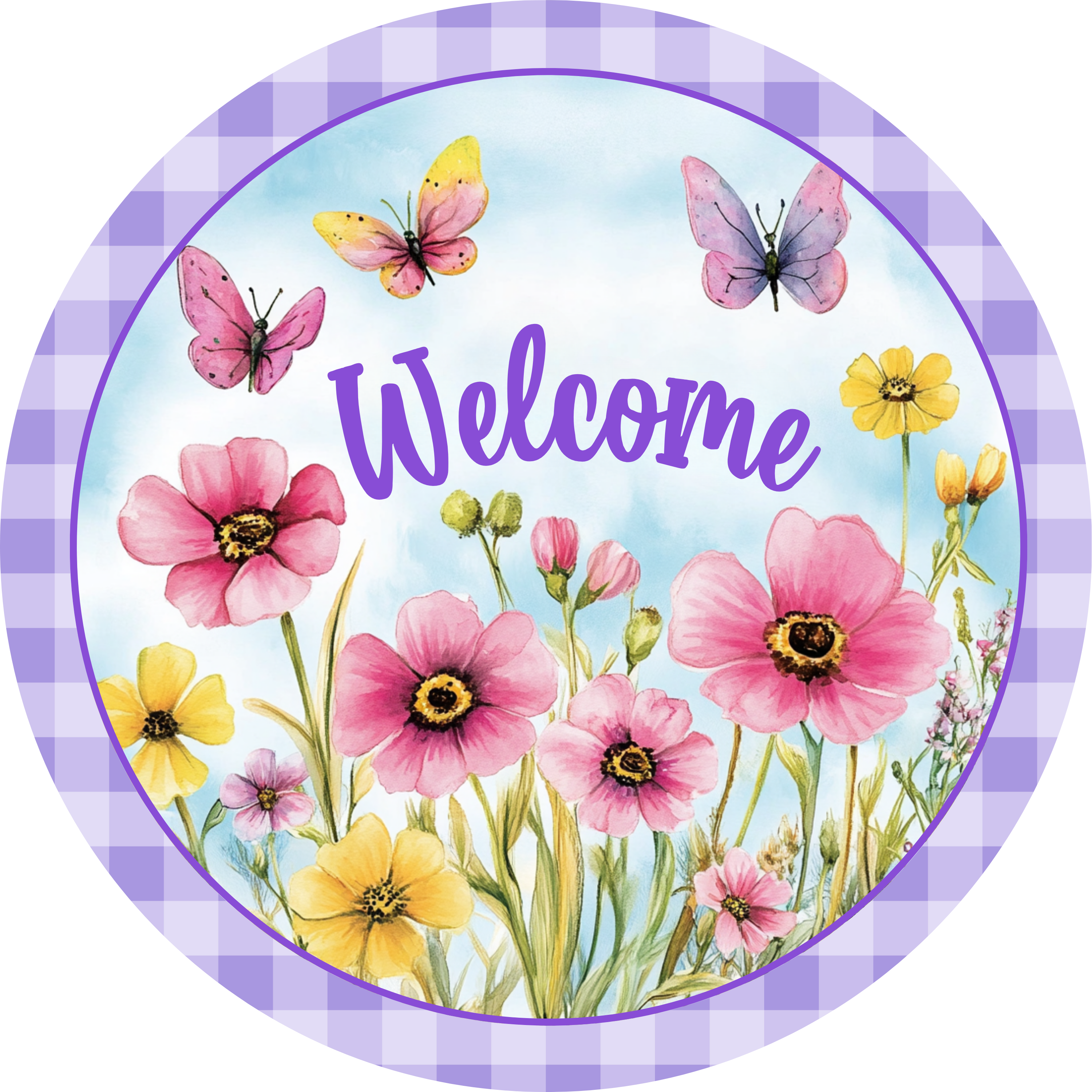 Letrero de bienvenida con flores silvestres y mariposas, decoración de primavera y verano con cuadros morados.