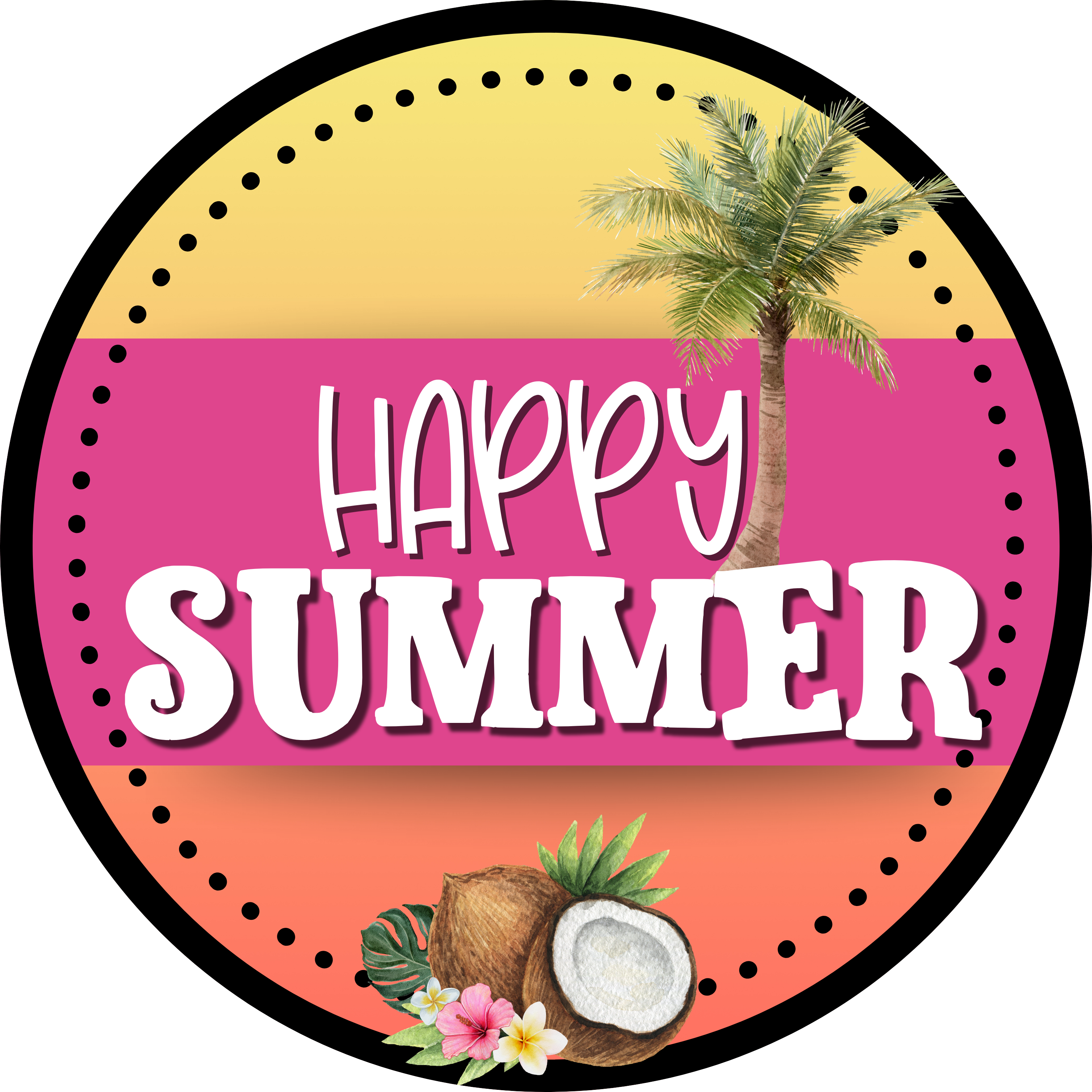 Happy Summer Coconut Sign, Tropical Sublimated Metal Wreath Insert, Palm Tree Beach Decor, Bright Sunset Summer Sign