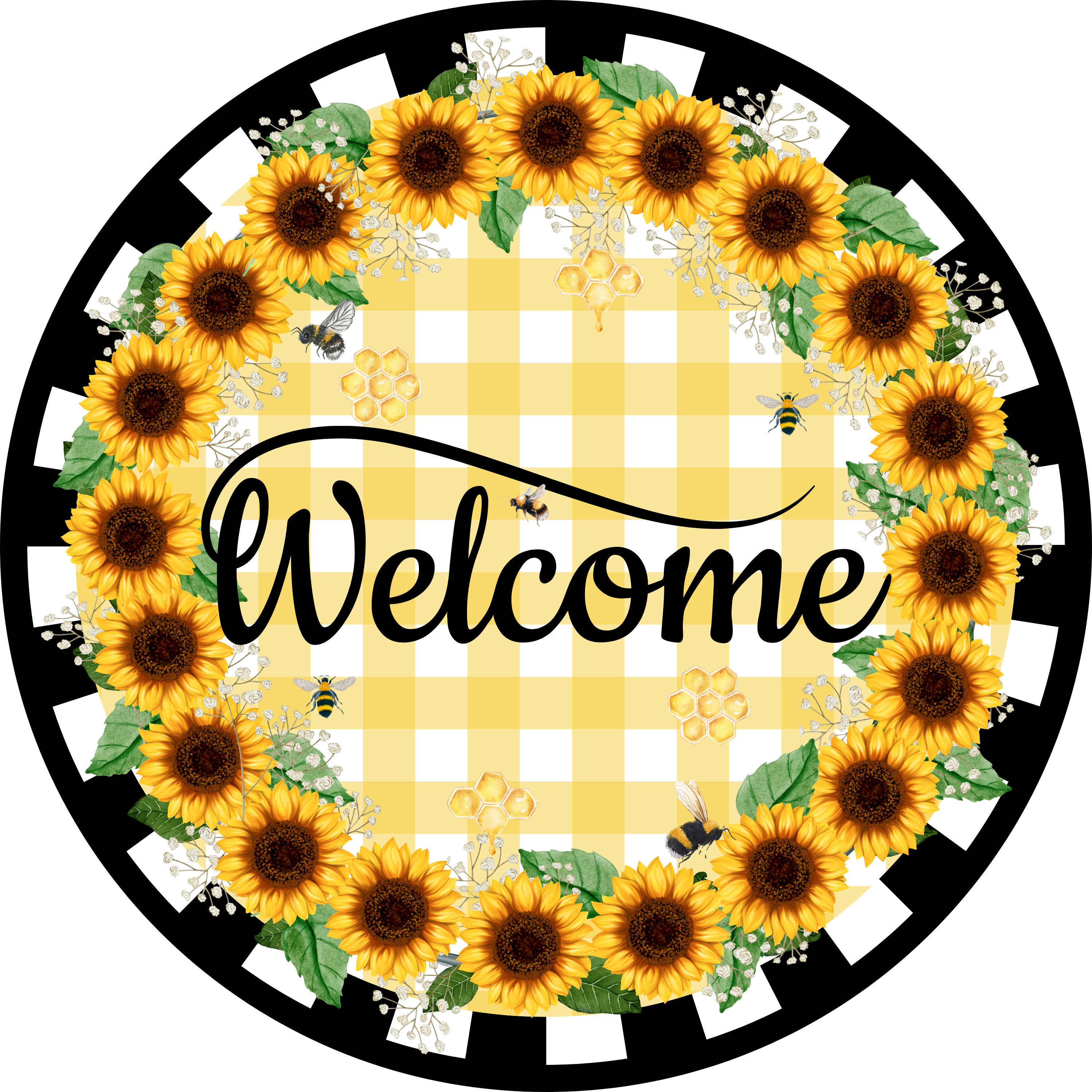 Letrero de bienvenida con girasol, corona metálica sublimada con abejas y panales, decoración de puerta de granja con cuadros amarillos.