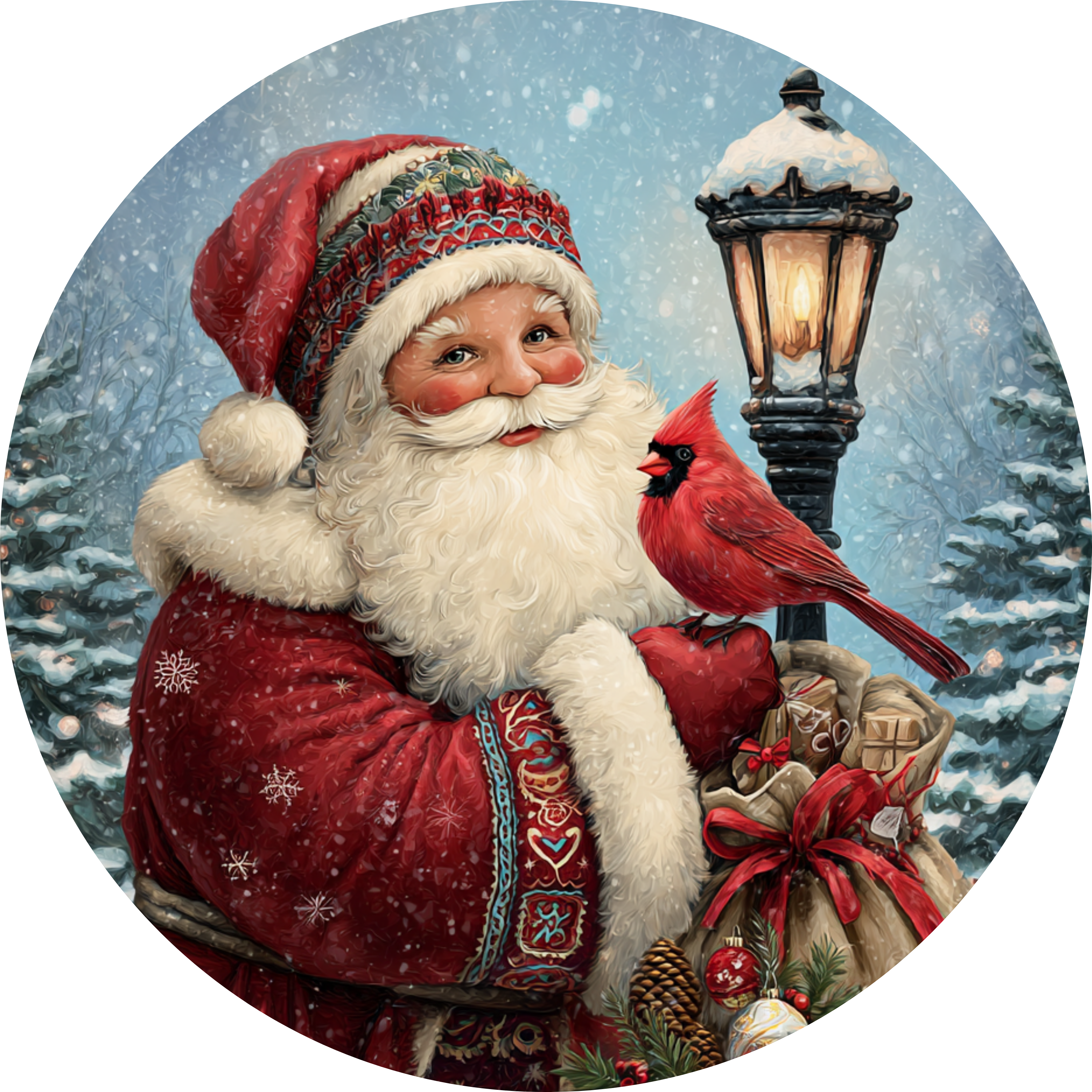 Santa with Winter Cardinal | Vintage Christmas Scene with Lamp Post | Peaceful Holiday Art for Traditional Christmas Décor