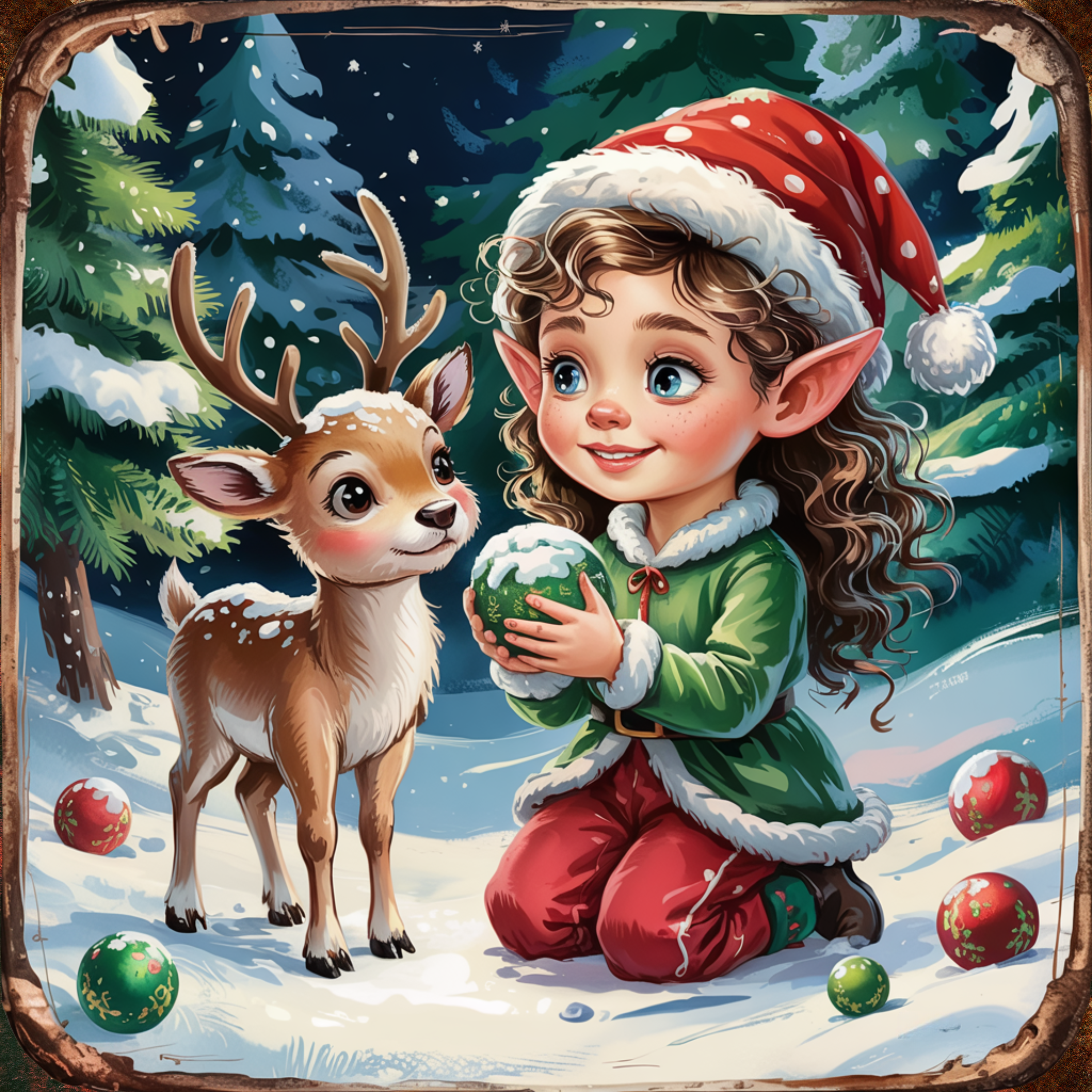 Christmas Girl Elf and Reindeer Art, Whimsical Holiday Scene, Festive Winter Wonderland Design, Cute Christmas Decor