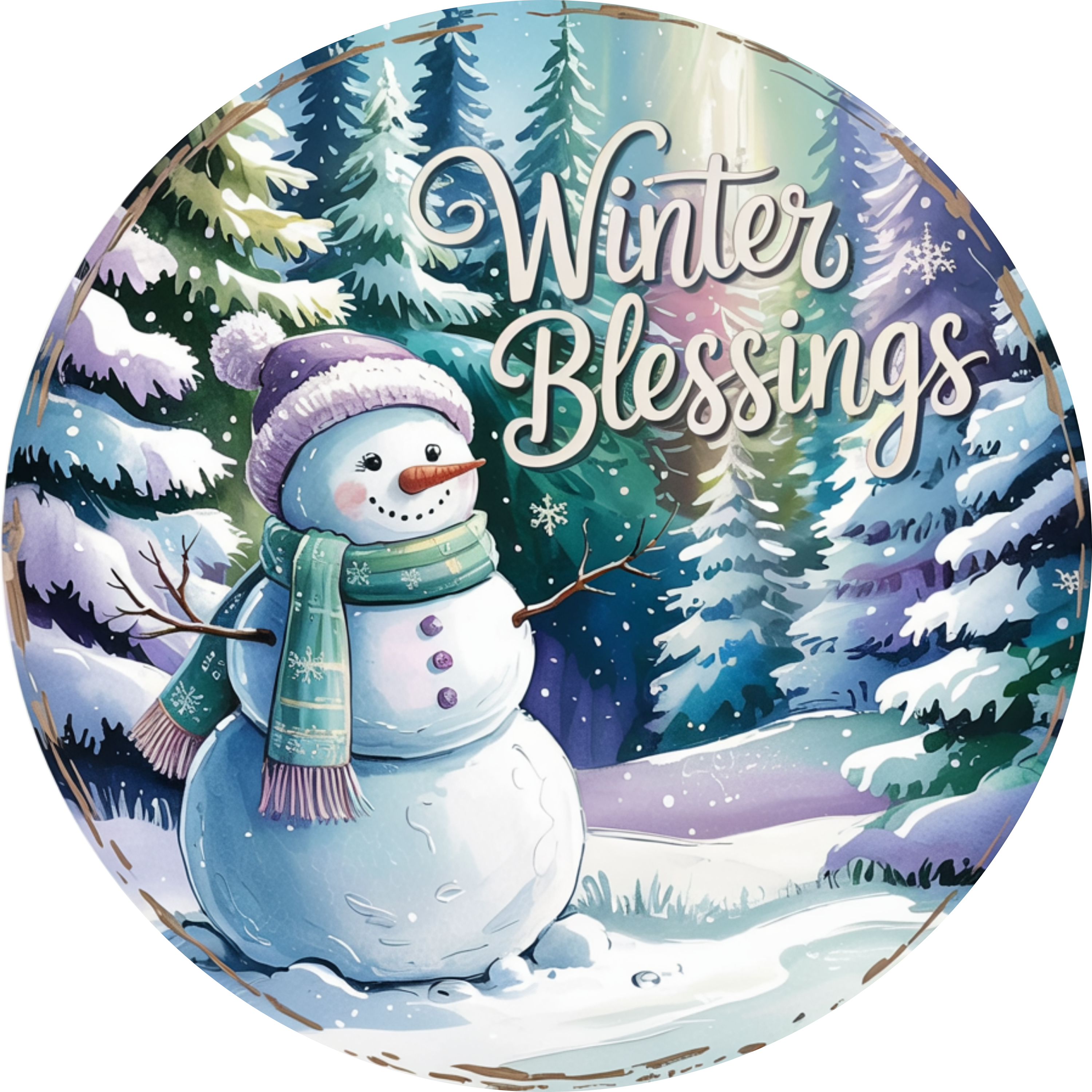 Winter Blessings Snowman Art, Peaceful Winter Scene, Blue and Pink Christmas Design, Cozy Holiday Wall Decor