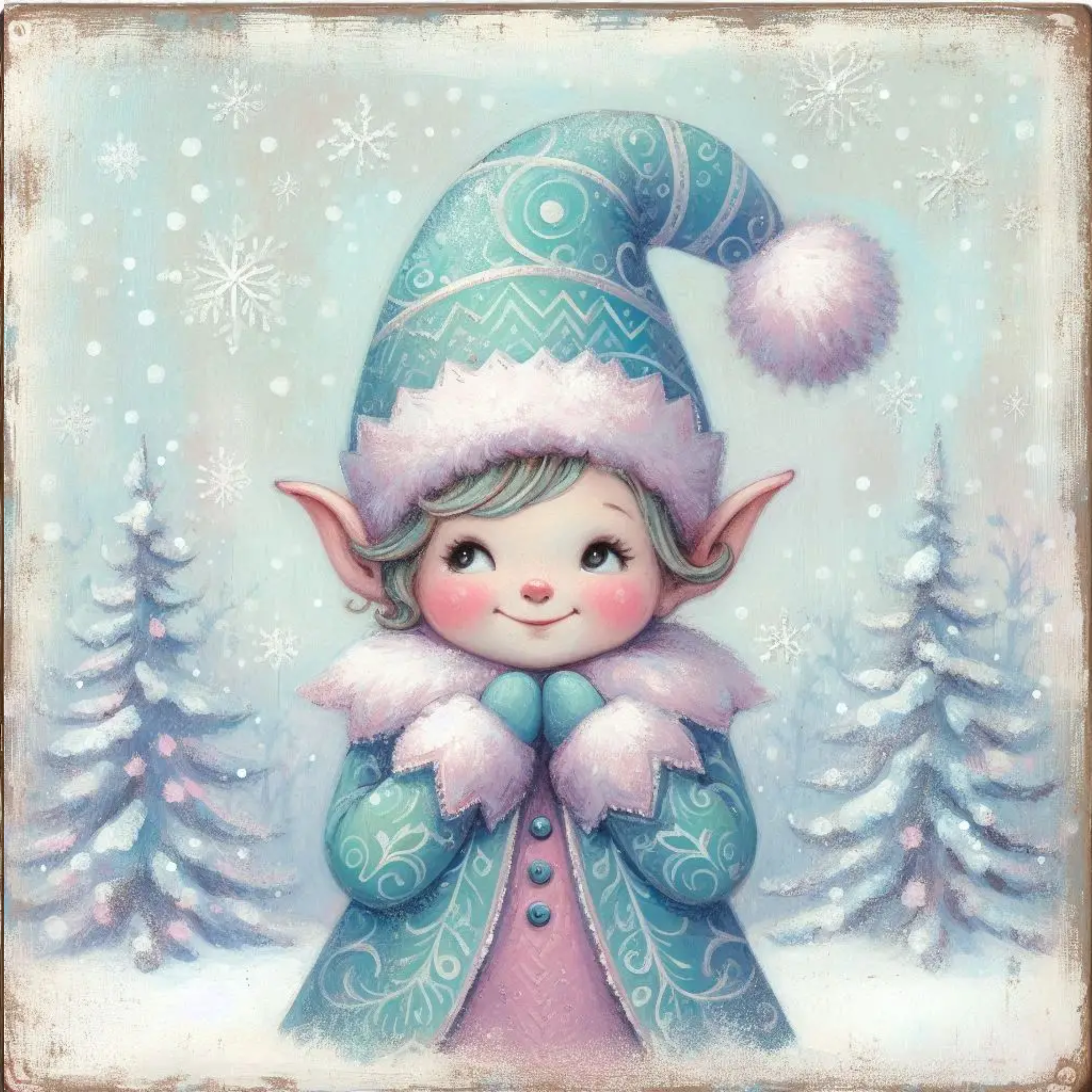 Winter Wonderland Elf Art, Blue and Pink Christmas Elf Design, Whimsical Holiday Wall Decor, Frosty Snowflake Scene
