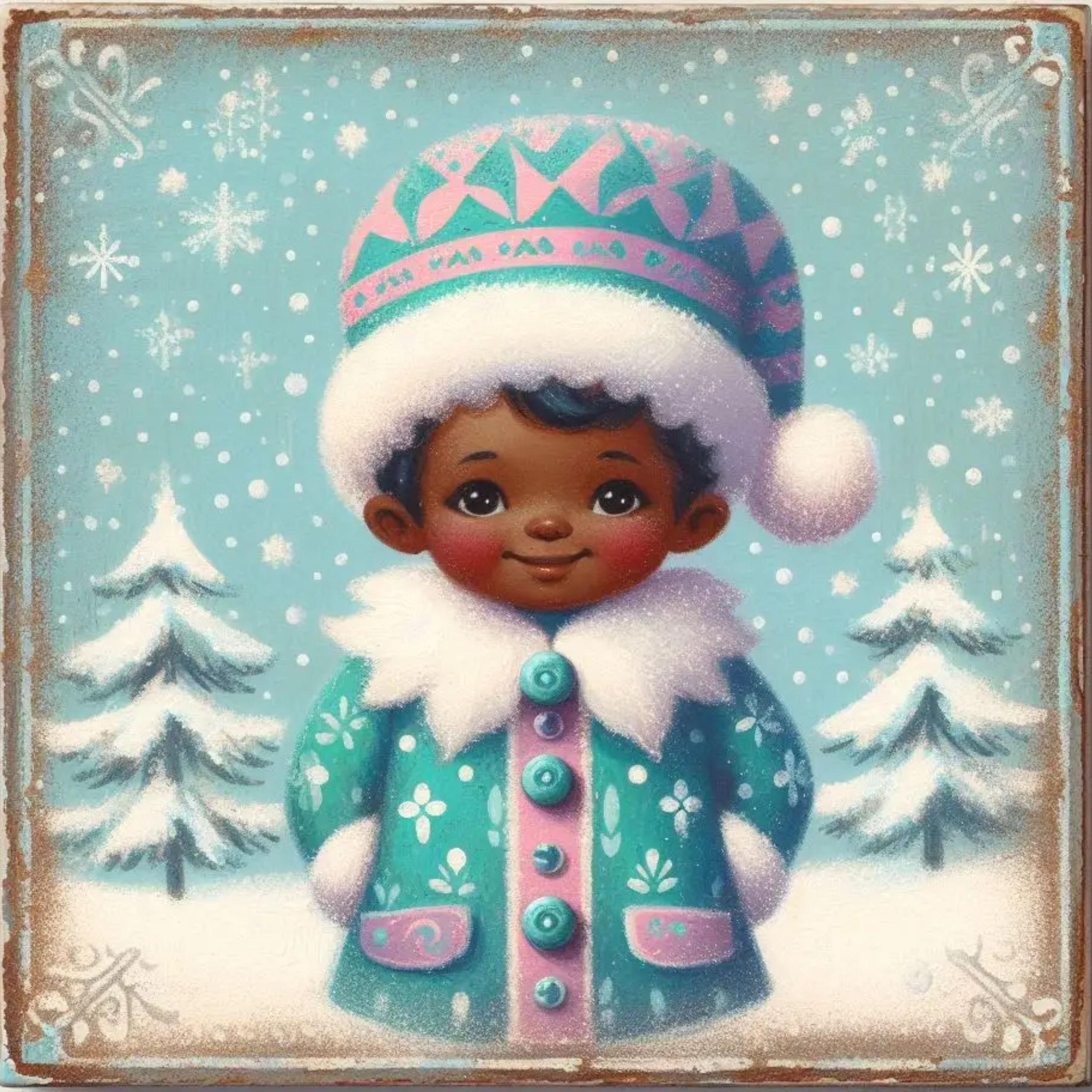 Winter Elf Christmas Art, Blue and Pink Holiday Elf Design, Cute Snowy Scene Wall Decor, Whimsical Winter Wonderland