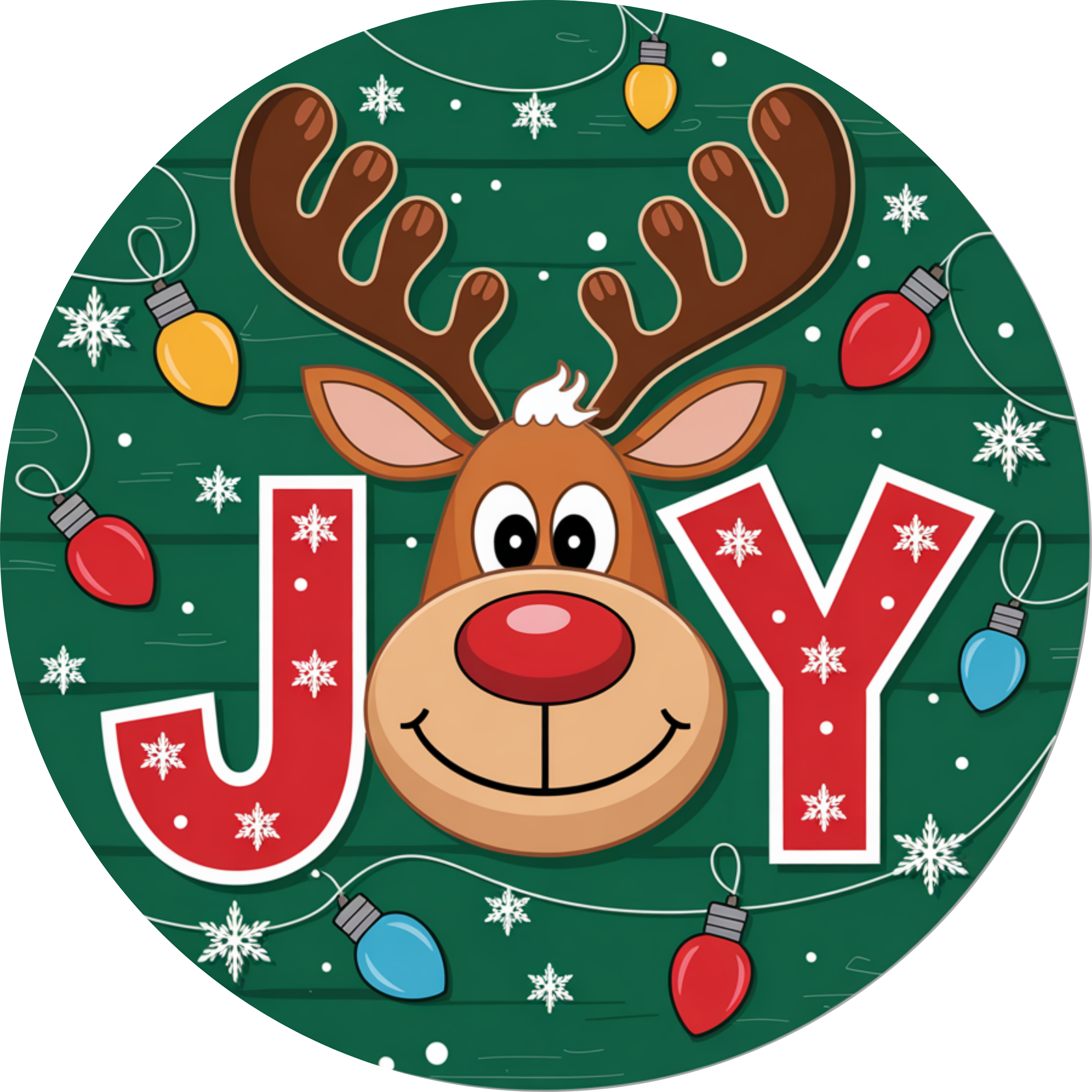 Joy Reindeer Christmas Art, Cute Holiday Reindeer Wall Decor, Festive Green Background Design, Playful Christmas Lights