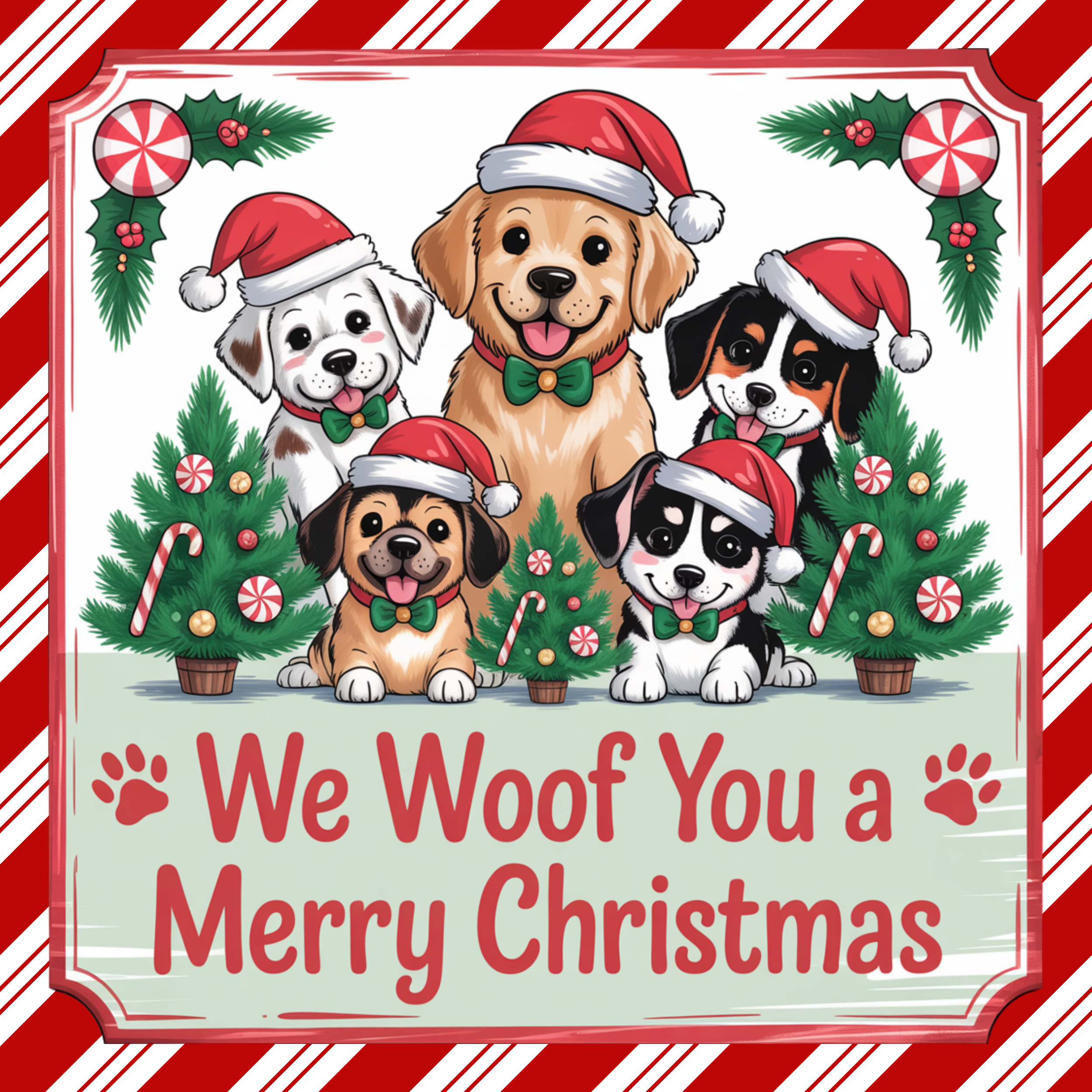 We Woof You a Merry Christmas Art, Cute Puppy Christmas Design, Festive Dog Holiday Decor, Playful Pet Christmas Scene