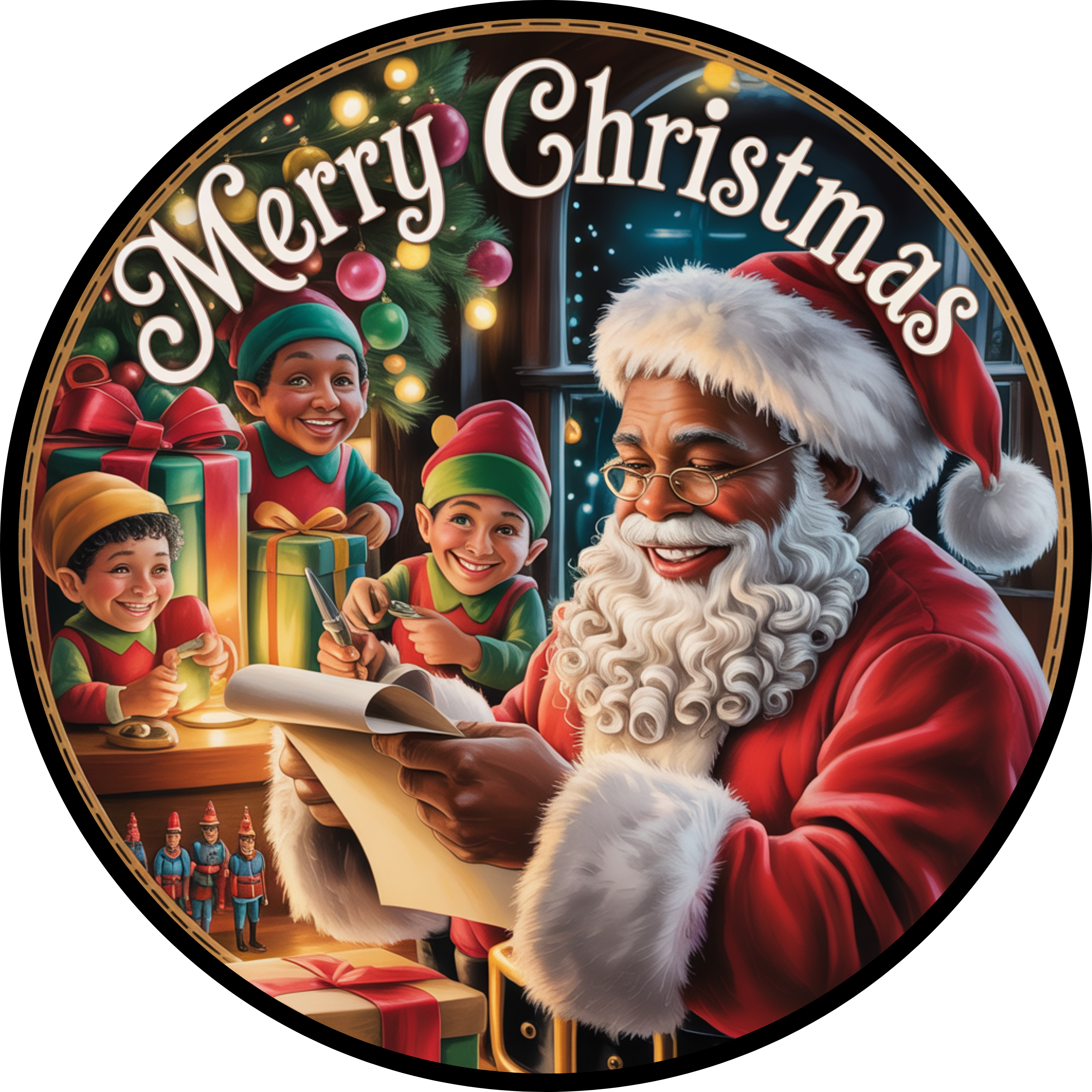 Santa in His Workshop Design | Classic Merry Christmas Art | Warm Vintage Holiday Scene with Elves and Festive Gifts