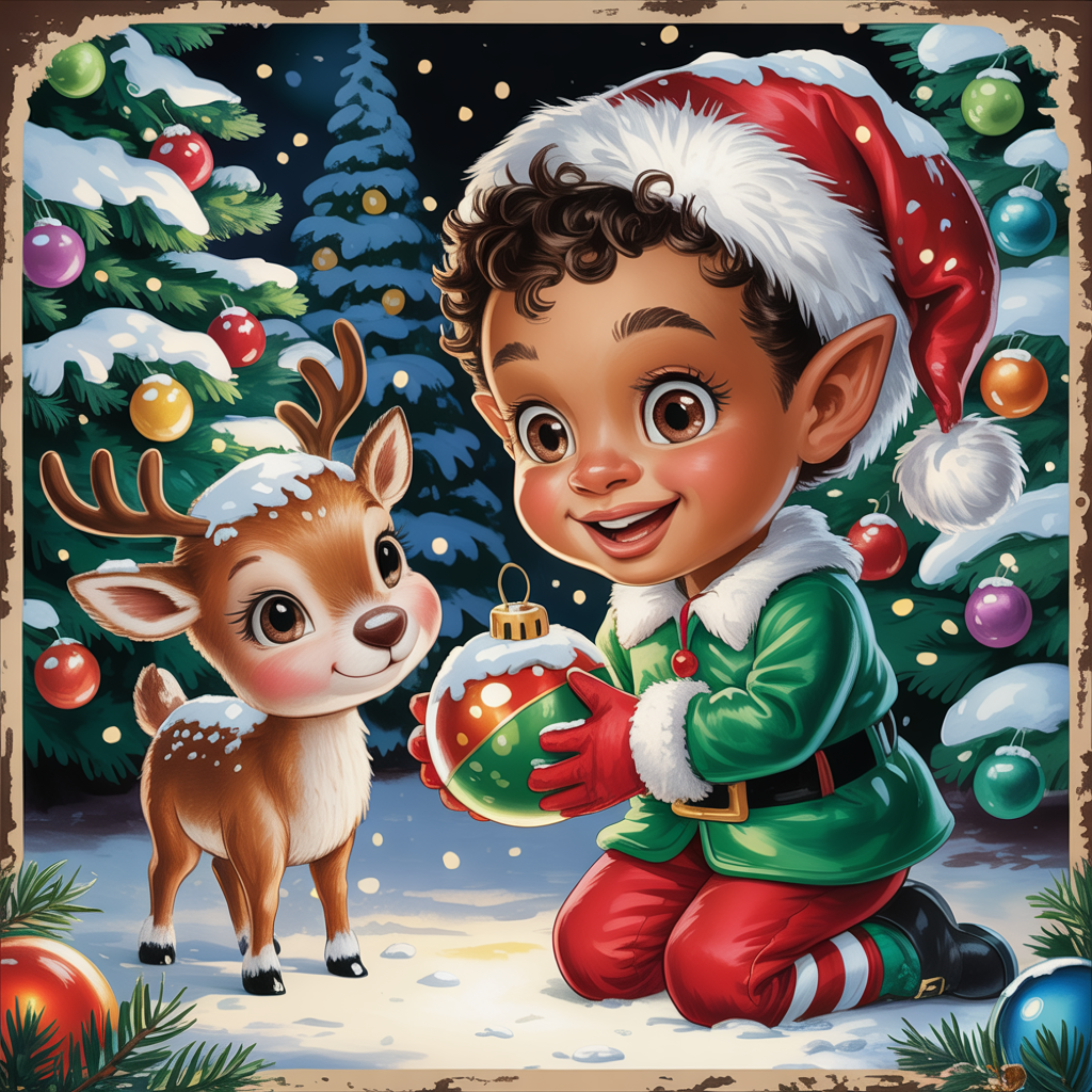 Christmas Elf and Reindeer Art, Whimsical Holiday Scene, Festive Winter Wonderland Design, Adorable Christmas Decor