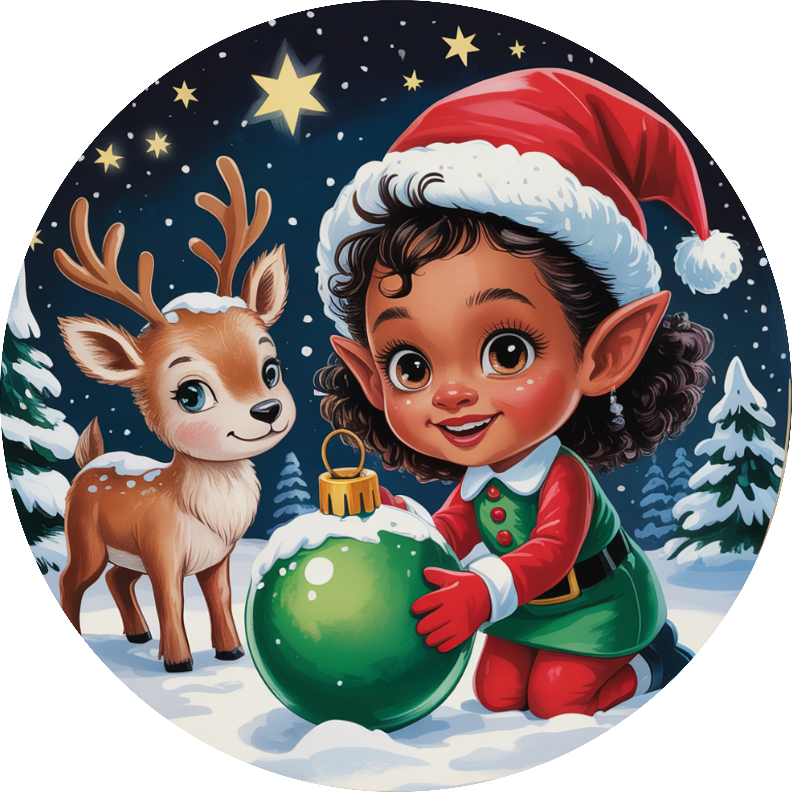 Cute Christmas Elf and Reindeer Art, Whimsical Holiday Scene, Festive Winter Wonderland Design, Playful Christmas Decor