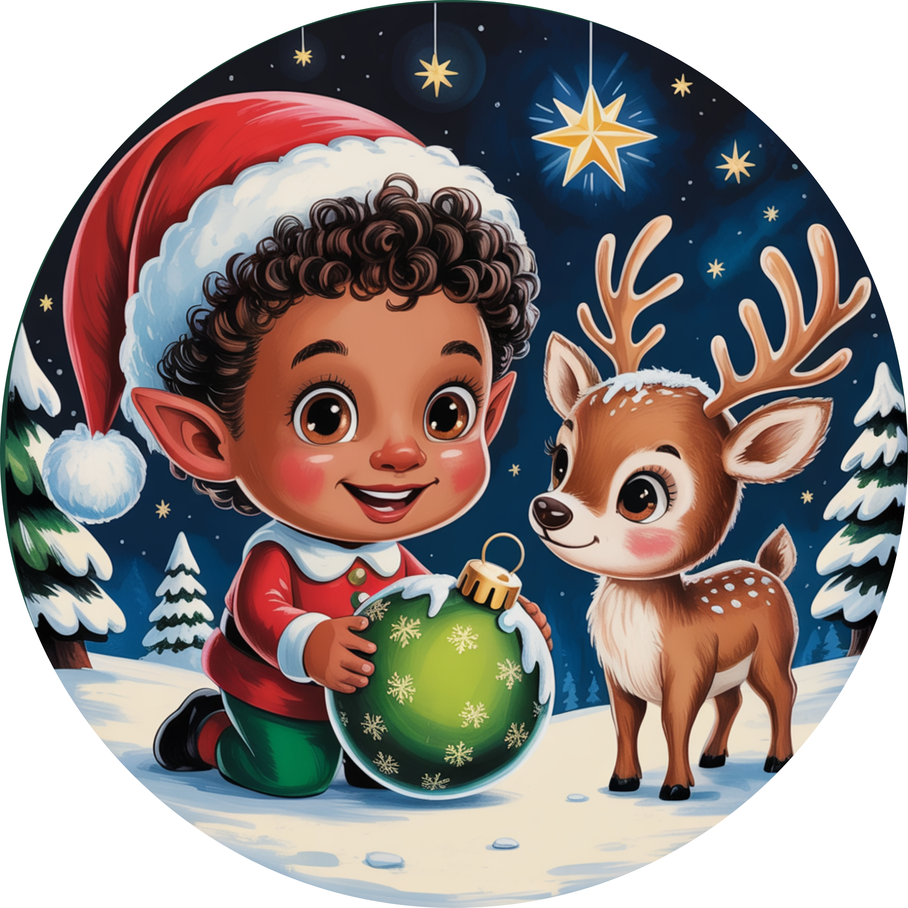 Christmas Elf and Reindeer Art, Adorable Holiday Scene, Whimsical Winter Wonderland Design, Festive Christmas Decor