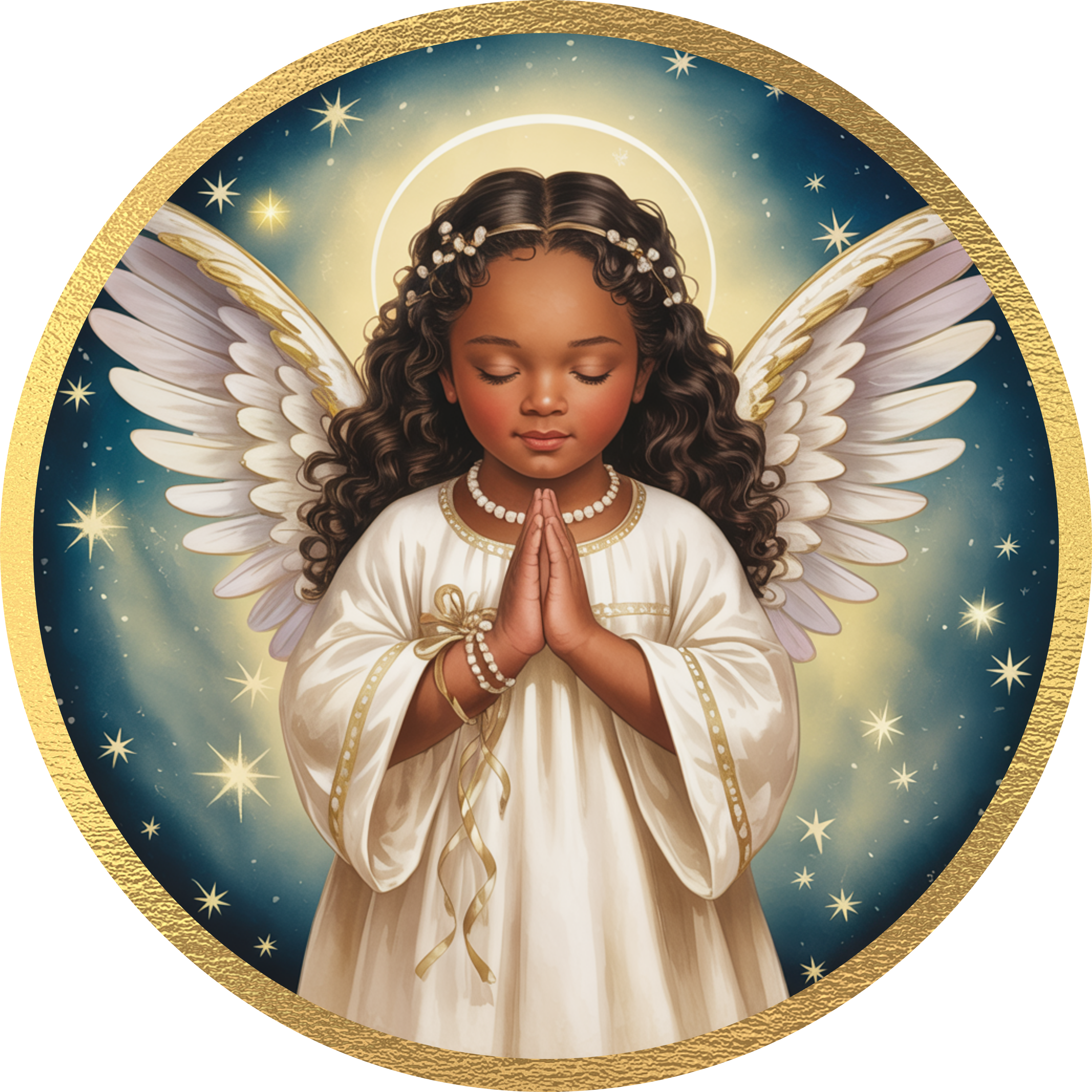 Praying Angel Gold and White Design | Elegant Heavenly Christmas Art | Peaceful Angelic Scene with Halo and Stars