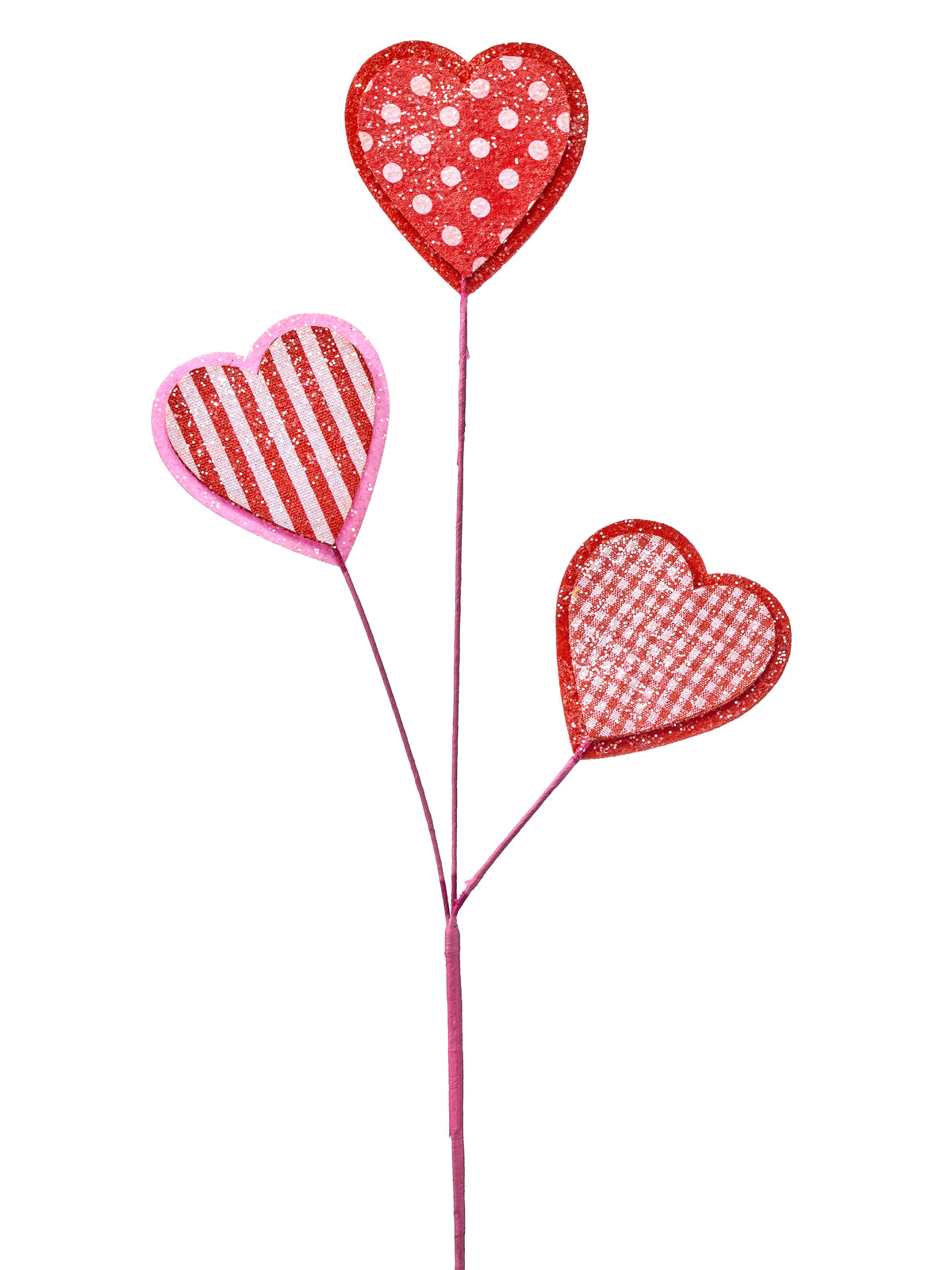 29 inch red polka dot stripe and gingham patterned triple heart spray