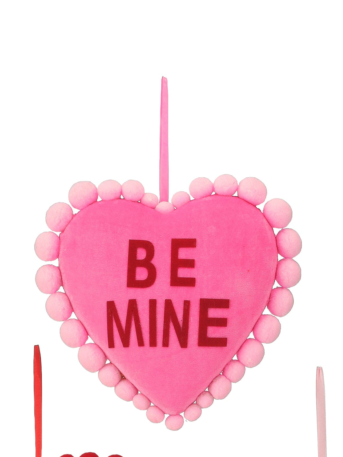 11 inch pink BE MINE velvet conversation pompom heart shown with matching LUV U and HUG ME hearts