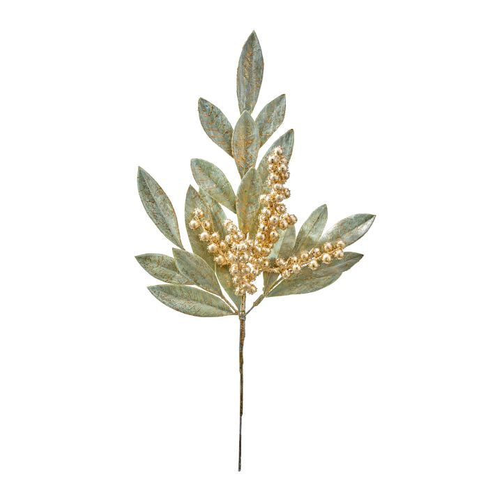 18 inch gold berry and sage green bay leaf pick for Christmas wreaths