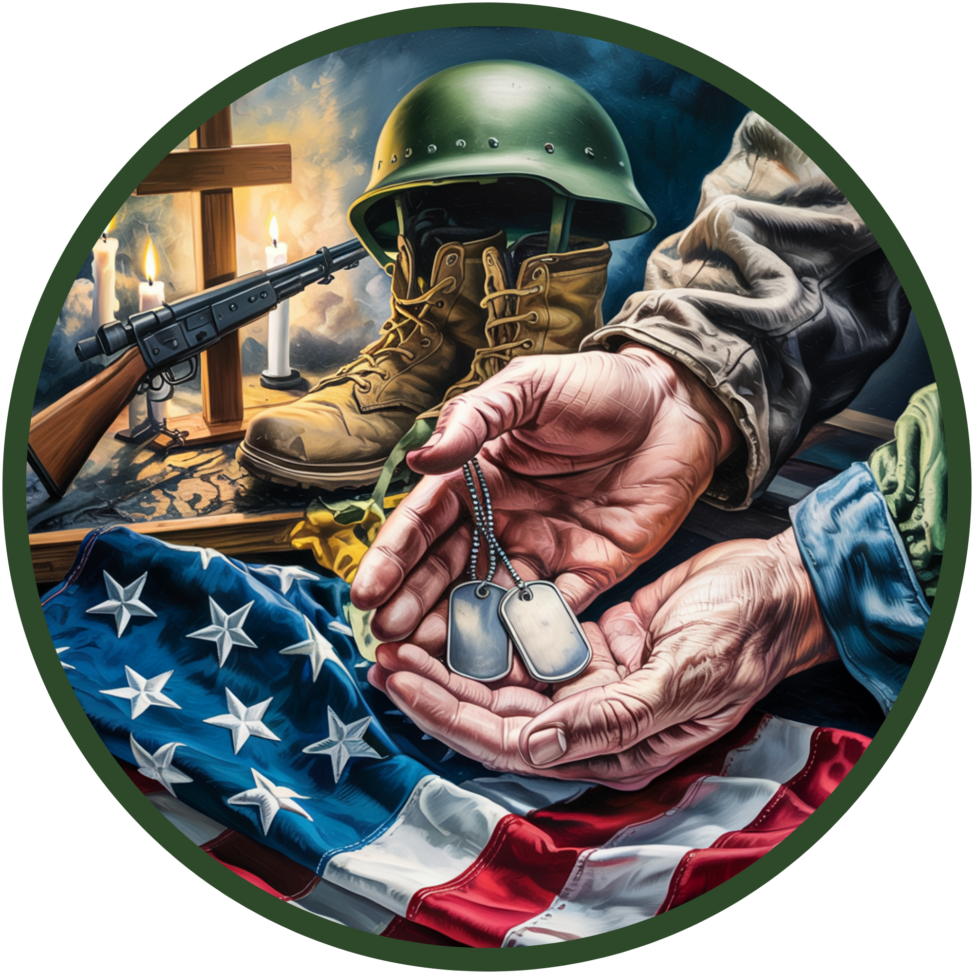 Military Tribute Art with Dog Tags, Patriotic Fallen Soldier Design, American Flag Memorial Wall Decor, Honor and Service