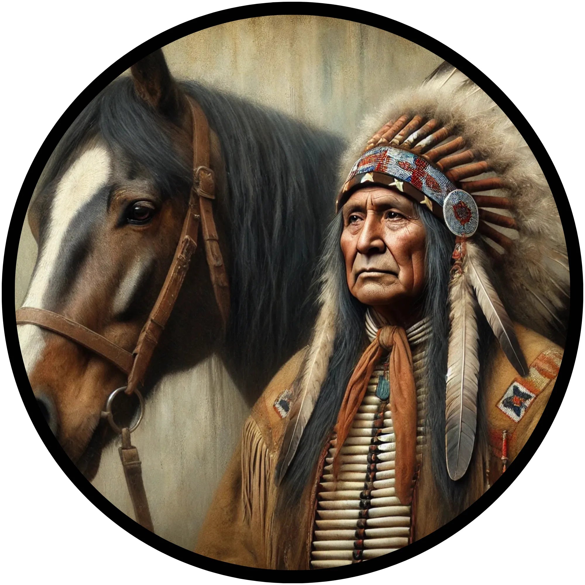 Letrero de sublimación de metal, jefe indio nativo americano con corona de caballo