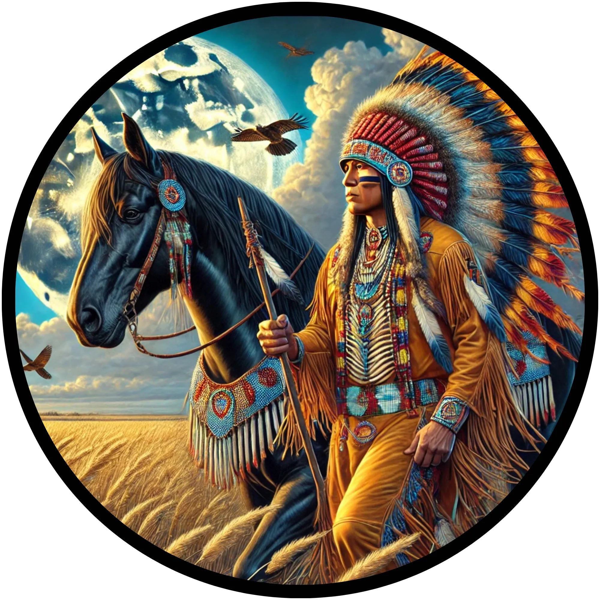 Metal Sublimation Sign, Native American Indian with horse metal wreath sign