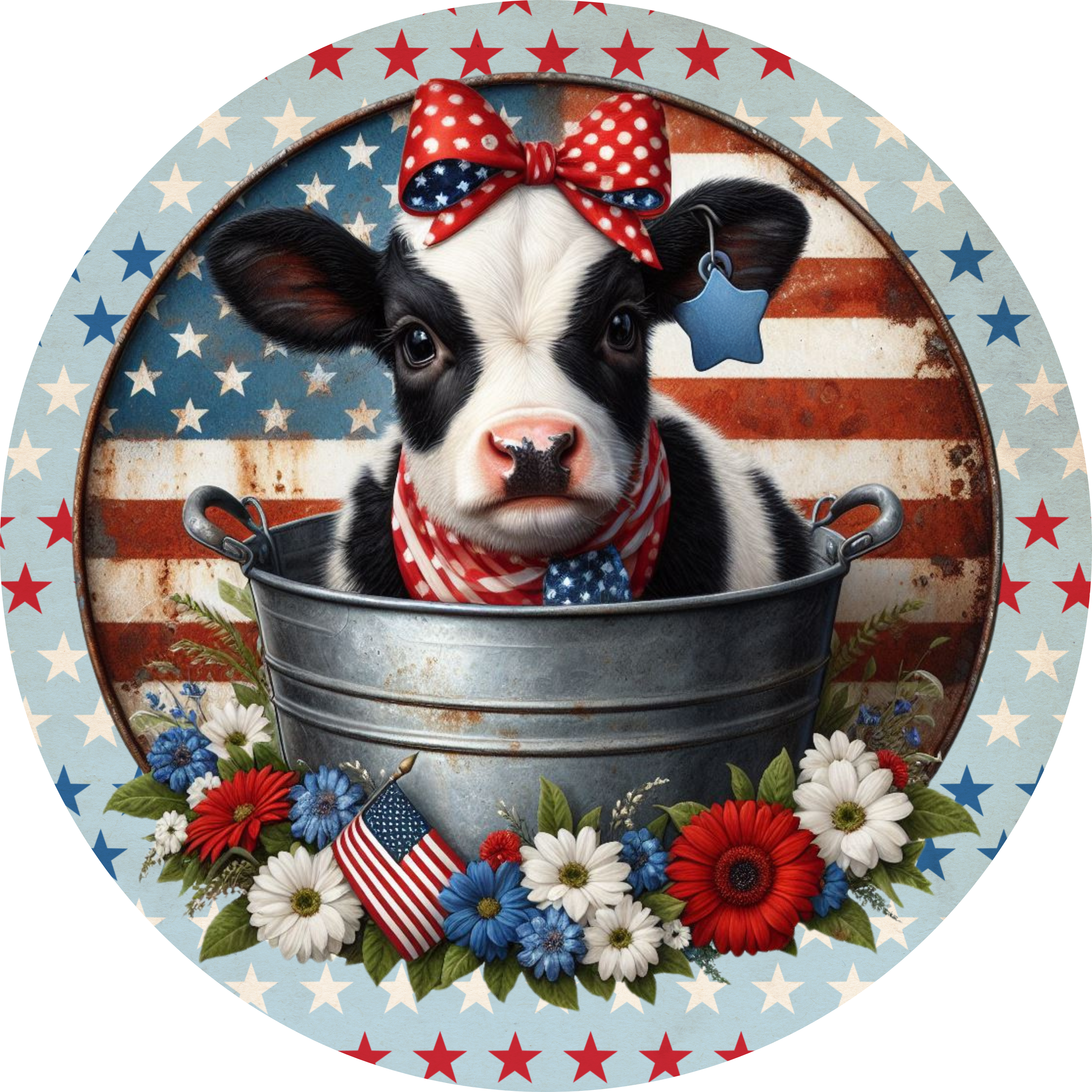 Patriotic Baby Cow in Metal Bucket Sign for Wreaths, Fourth of July Farmhouse Wreath Sign, Red White Blue Summer Decor, Wreath Supply for Crafters