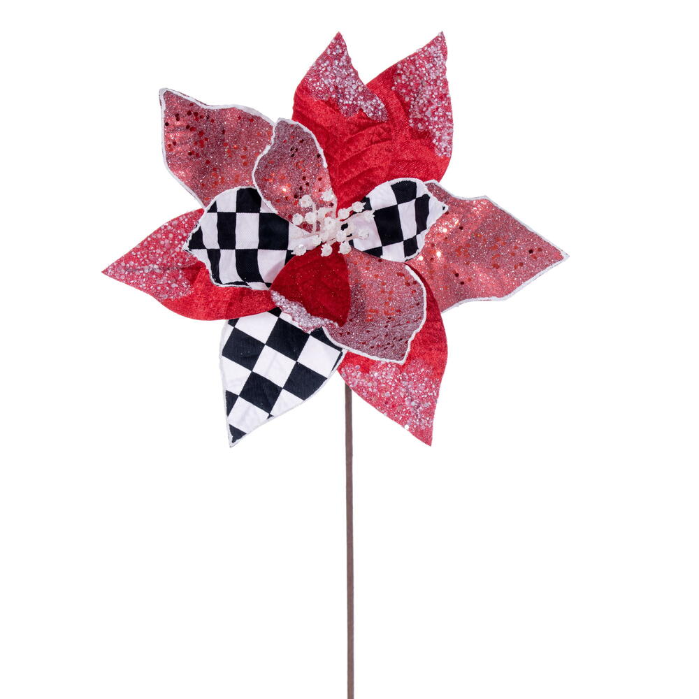 19" Red White Black Poinsettia Stem - Christmas Wreath Floral - RG240119