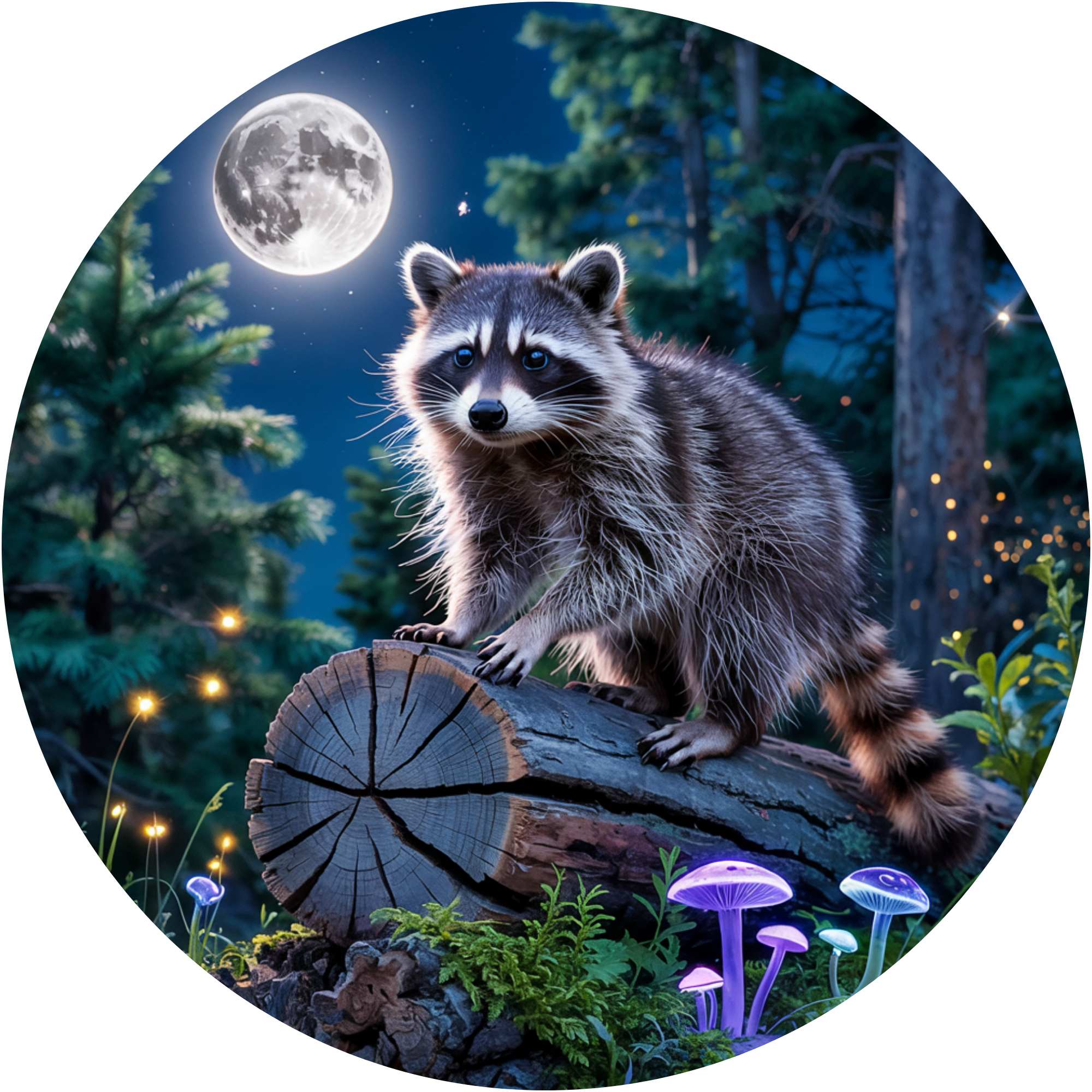 Raccoon Under Full Moon Art, Enchanted Forest Scene, Magical Woodland Animal Design, Rustic Nature Wall Decor