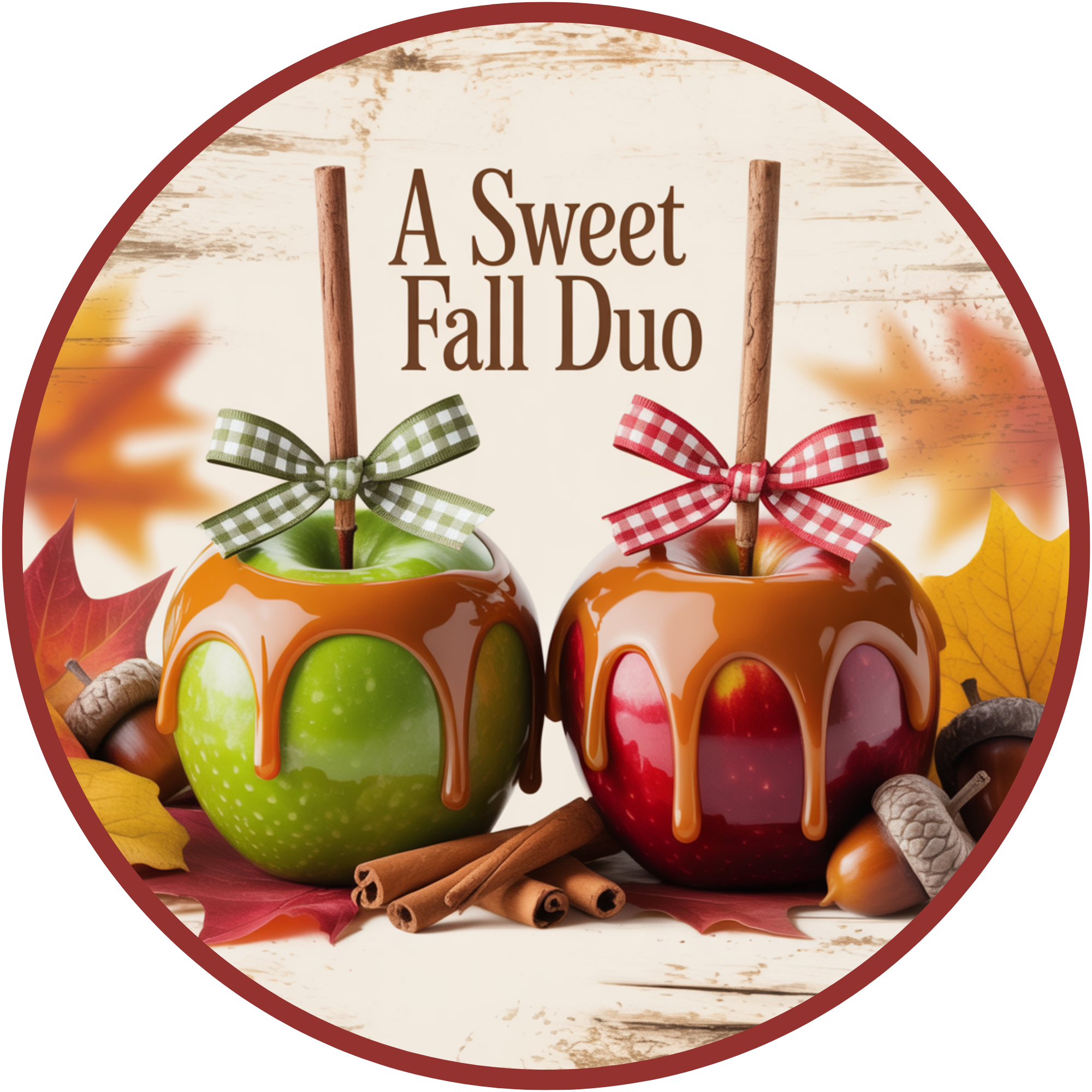 Letrero de manzana acaramelada con un dúo dulce de otoño: decoración rústica para cocina o corona otoñal en rojo y verde