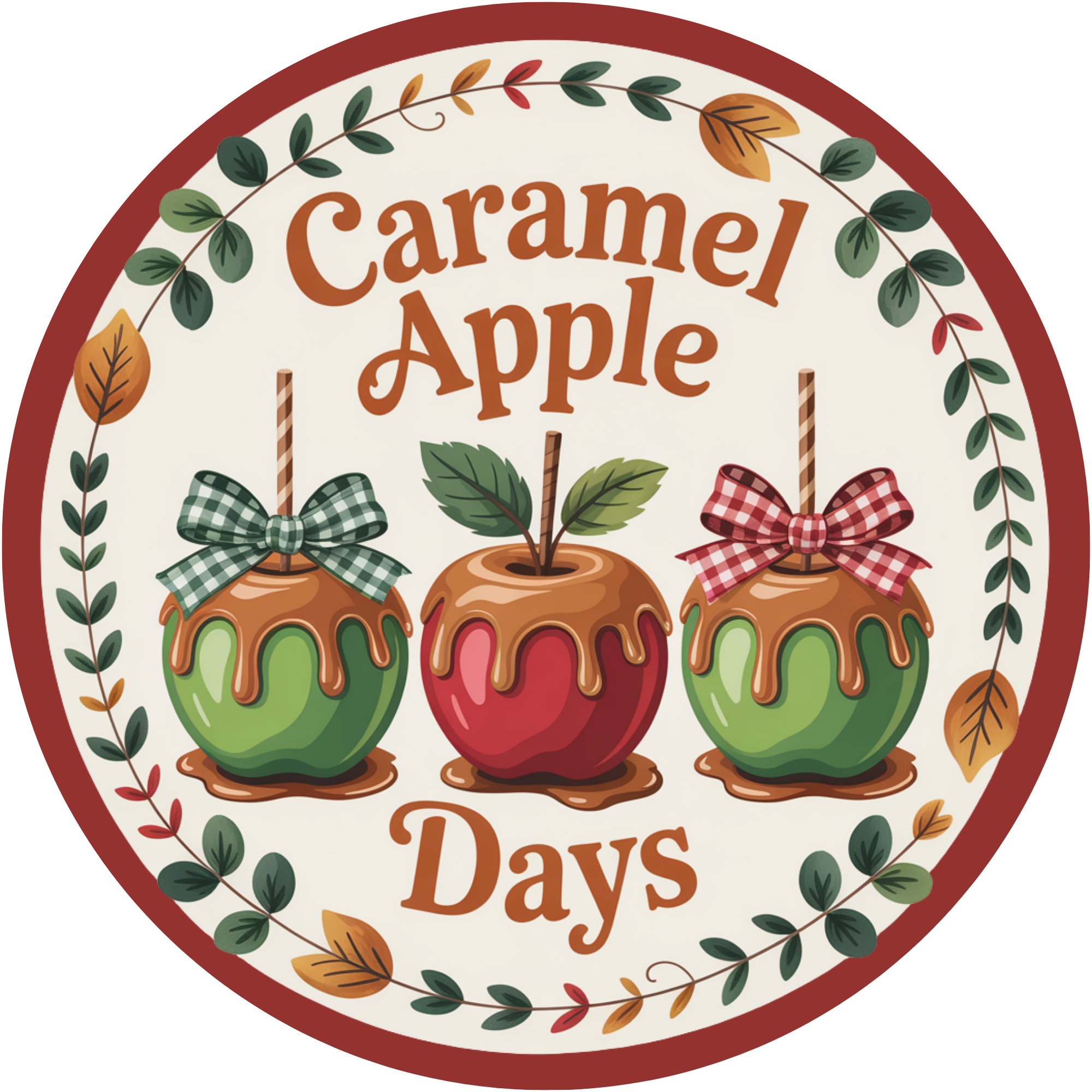 Letrero del Día de la Manzana Caramelizada: Manzanas acarameladas rojas y verdes con lazos, decoración otoñal para casa de campo o cocina.