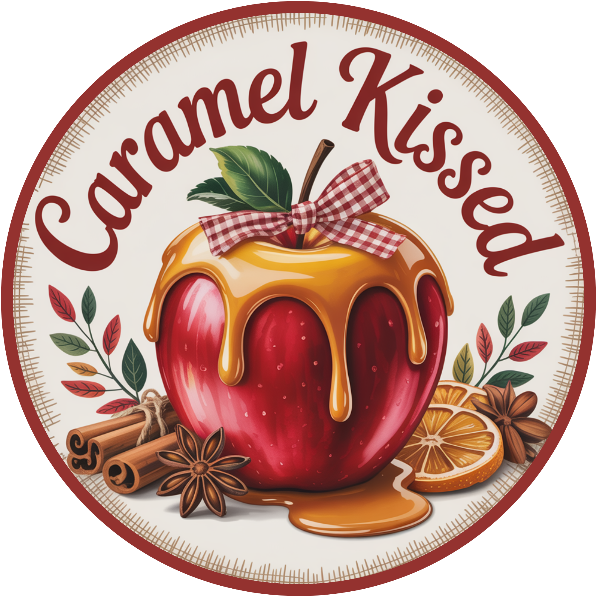 Letrero otoñal de manzana acaramelada: manzana roja con caramelo, canela y rodaja de naranja. Decoración otoñal.