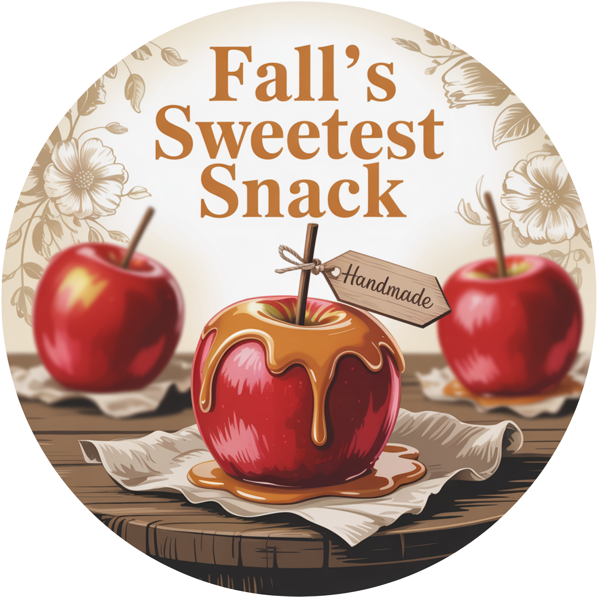 Letrero "El bocadillo más dulce del otoño": Manzana acaramelada roja con etiqueta hecha a mano, decoración otoñal para la cocina o corona.
