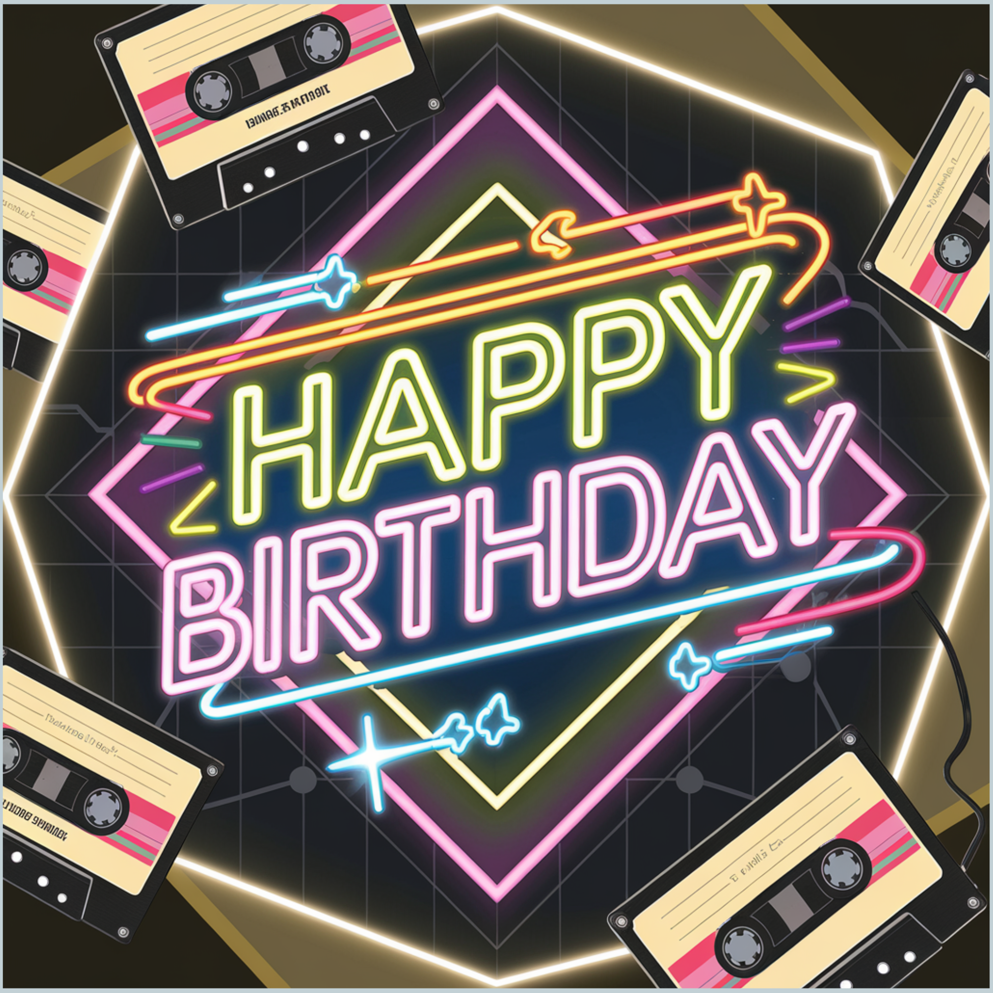 Letrero de feliz cumpleaños retro de los 80: decoración de fiesta de metal sublimado con neón, corona cuadrada con temática de mixtape para un ambiente de cumpleaños vintage.